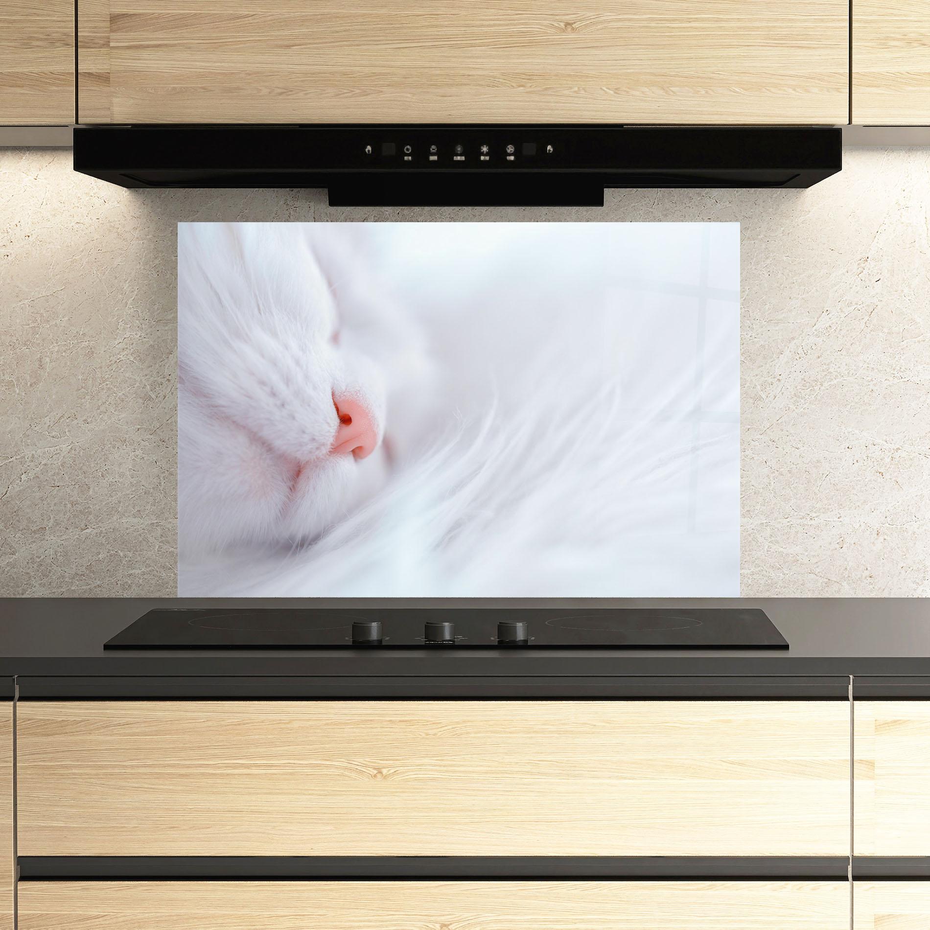 Küchenrückwand Glas Dreamy White Cat mockup 3