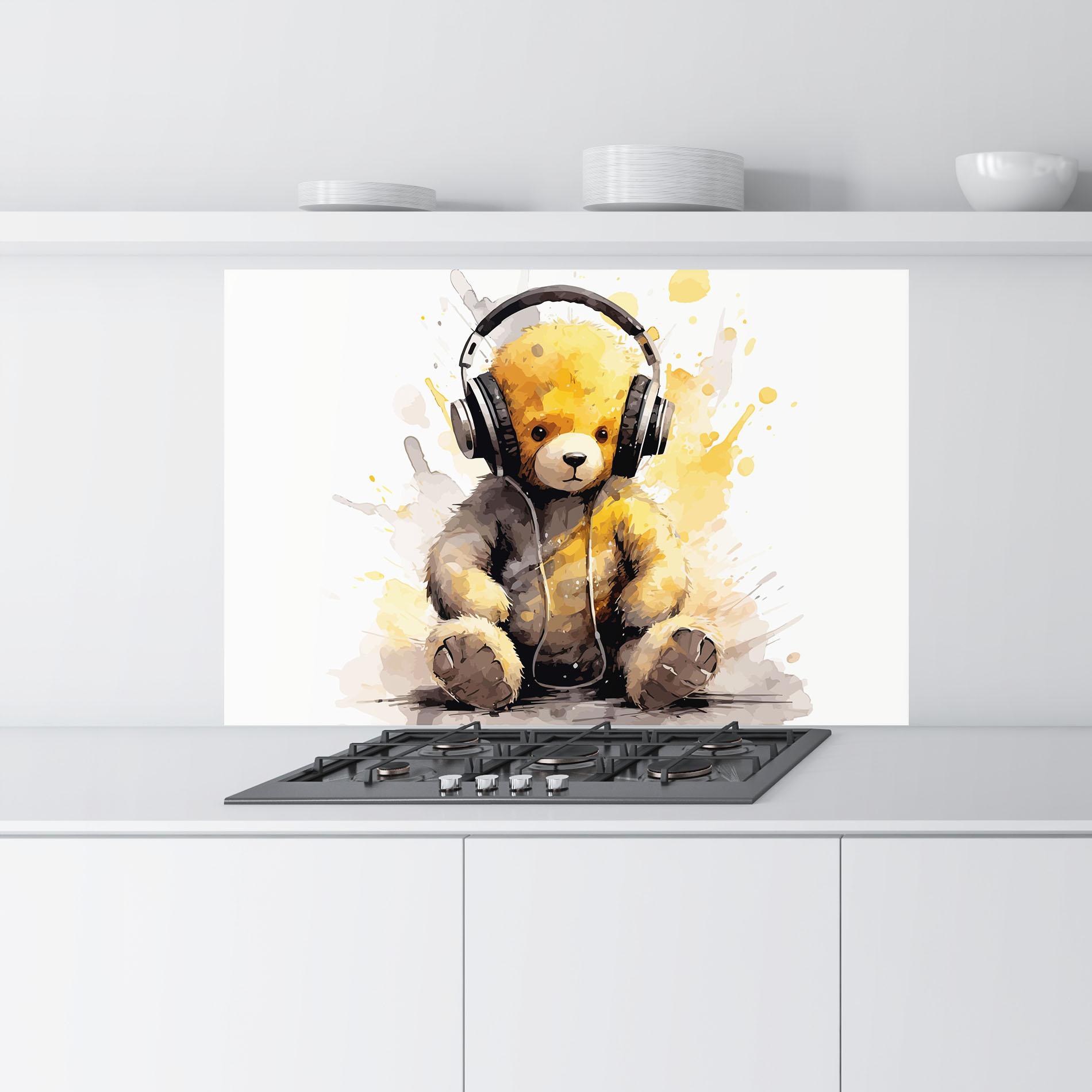 Küchenrückwand Glas Music Plush Bear mockup 9