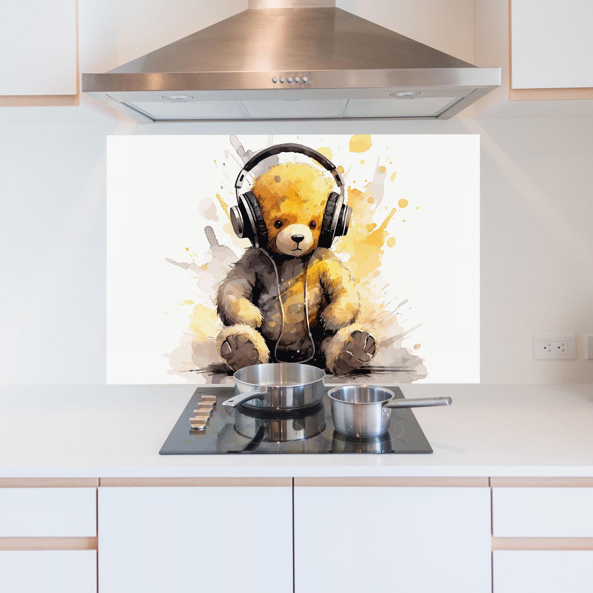 Küchenrückwand Glas Music Plush Bear mockup 5
