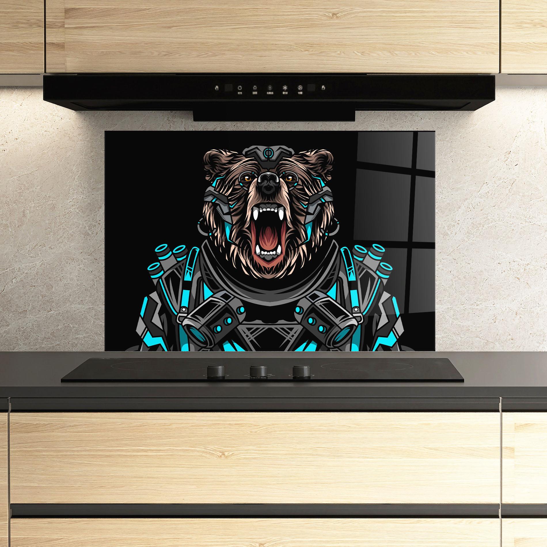 Küchenrückwand Glas Black Cyborg Bear mockup 3