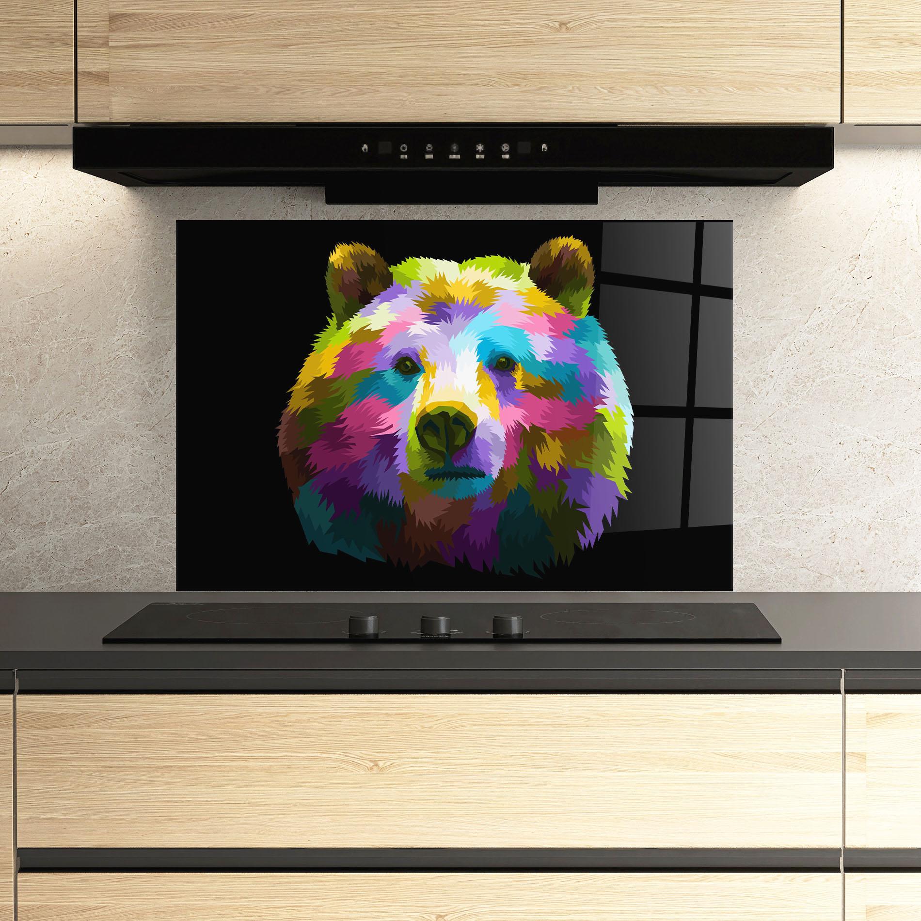 Küchenrückwand Glas Colorful Bear Head mockup 3