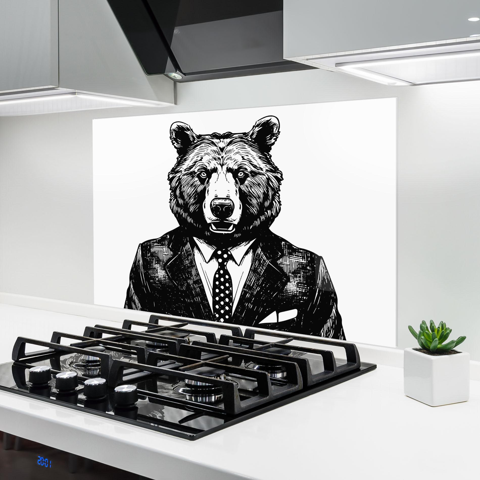 Küchenrückwand Glas Bear In Suit mockup 6