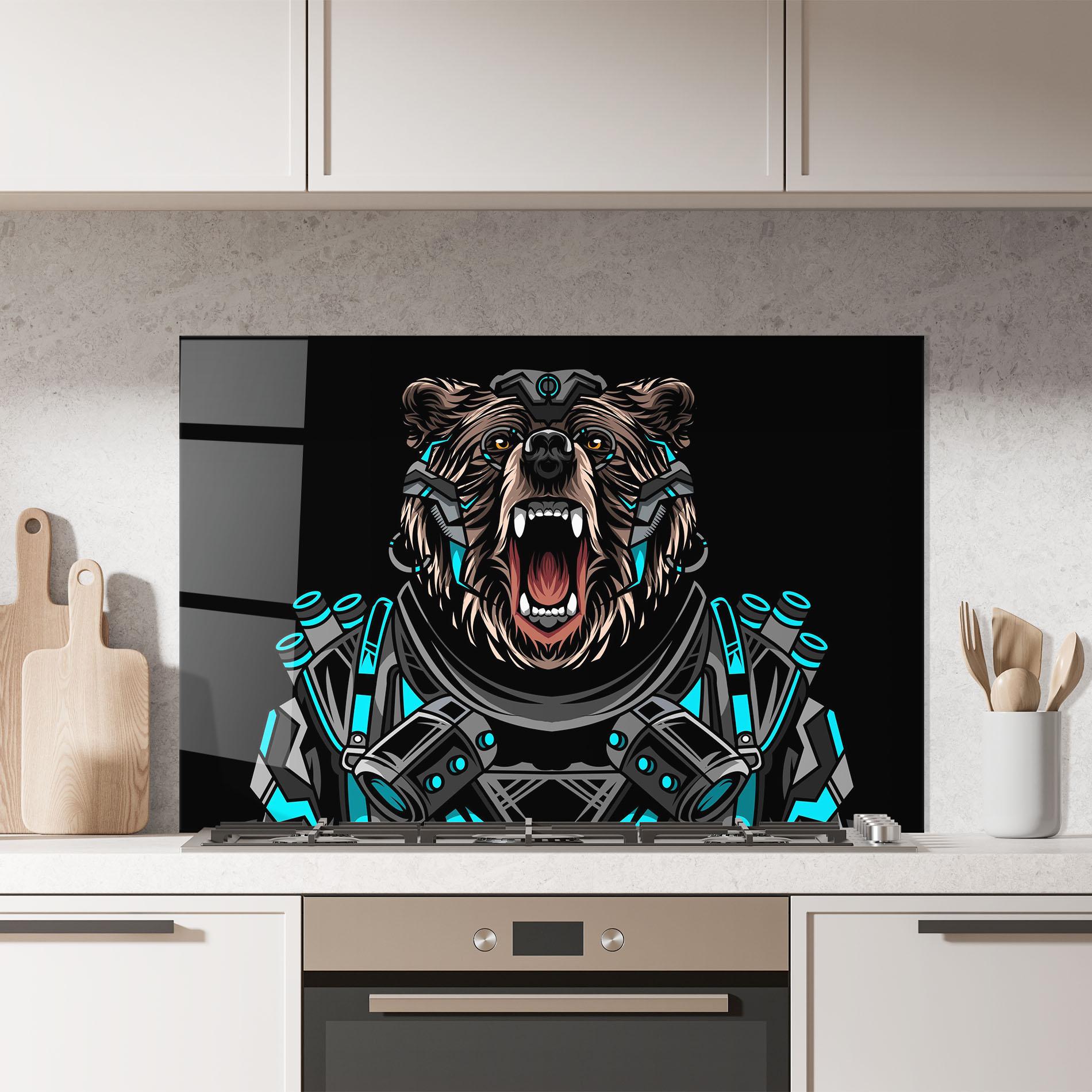 Küchenrückwand Glas Black Cyborg Bear mockup 7