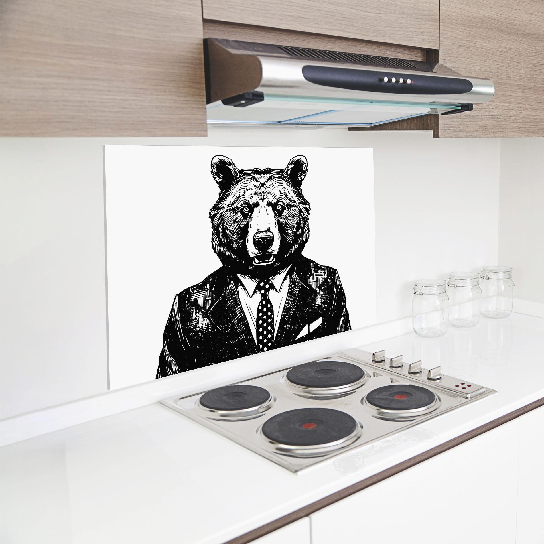 Küchenrückwand Glas Bear In Suit mockup 8
