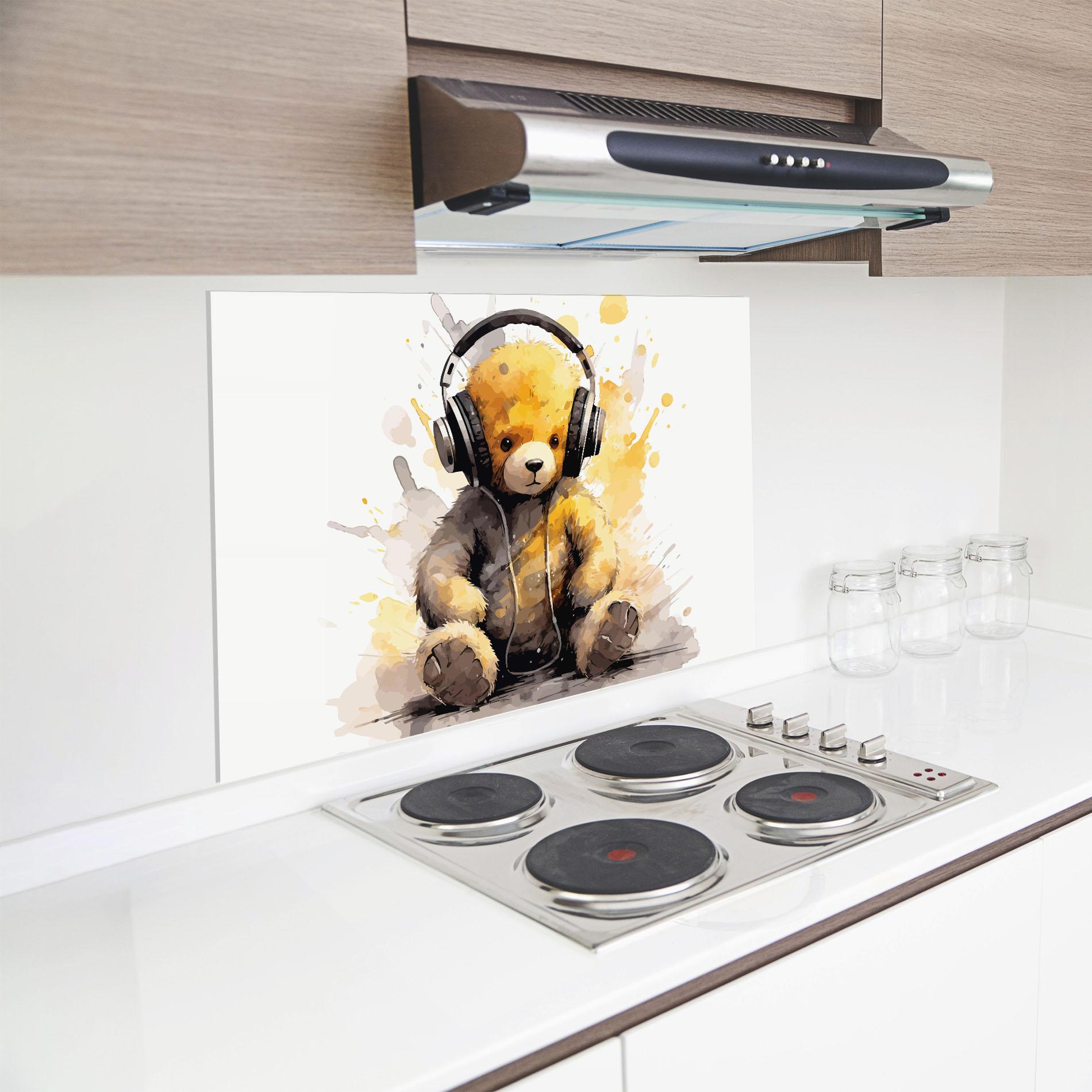 Küchenrückwand Glas Music Plush Bear mockup 8