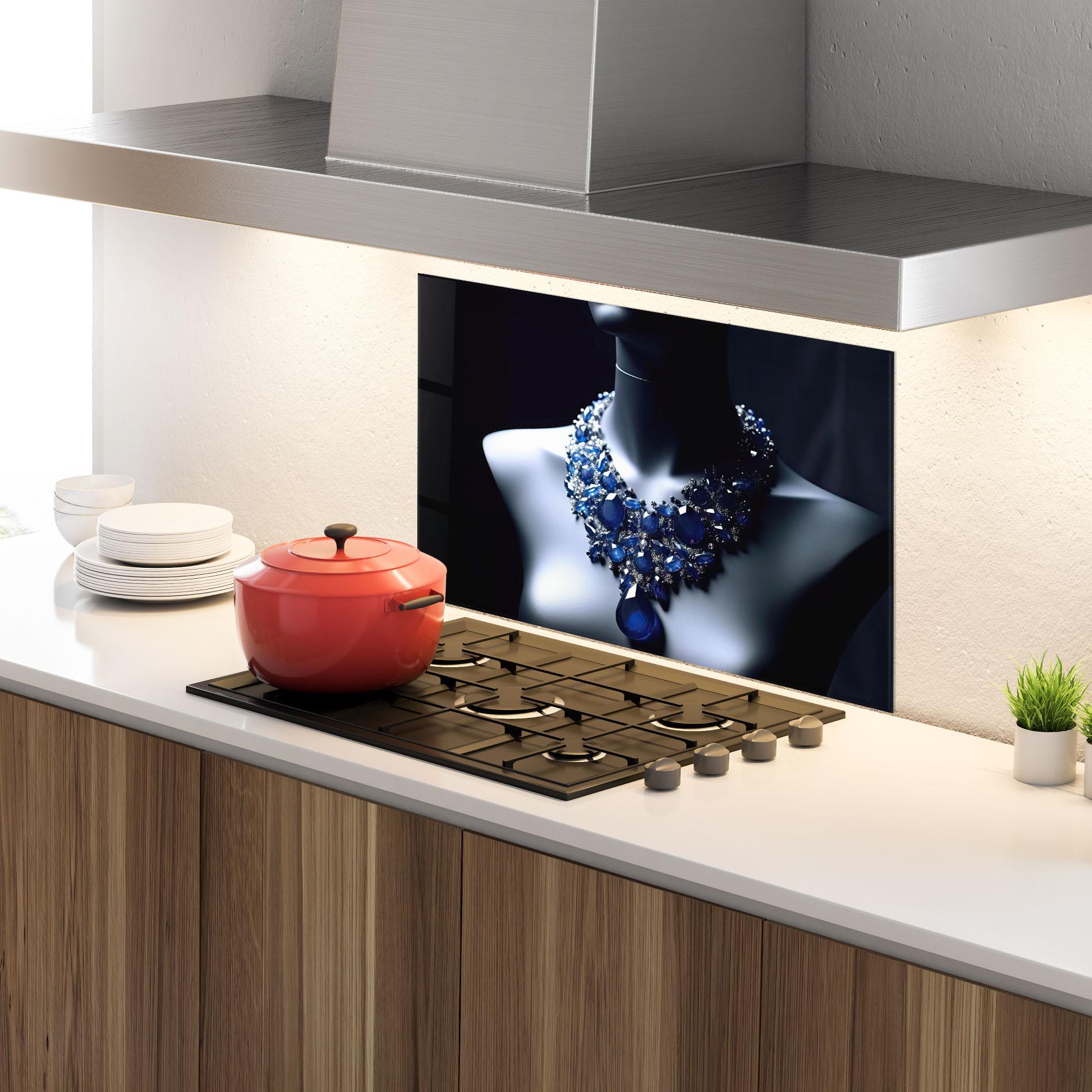 Küchenrückwand Glas Blue Diamonds Necklace mockup 4