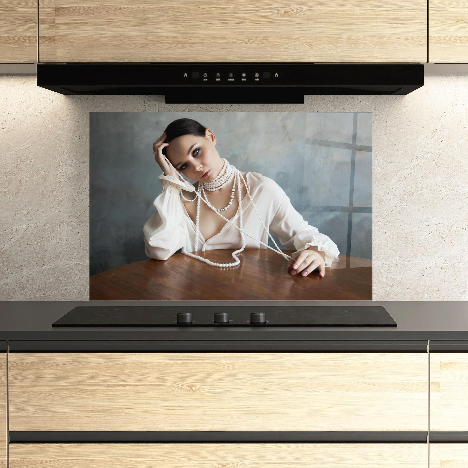 Küchenrückwand Glas White Pearl Beads mockup 3