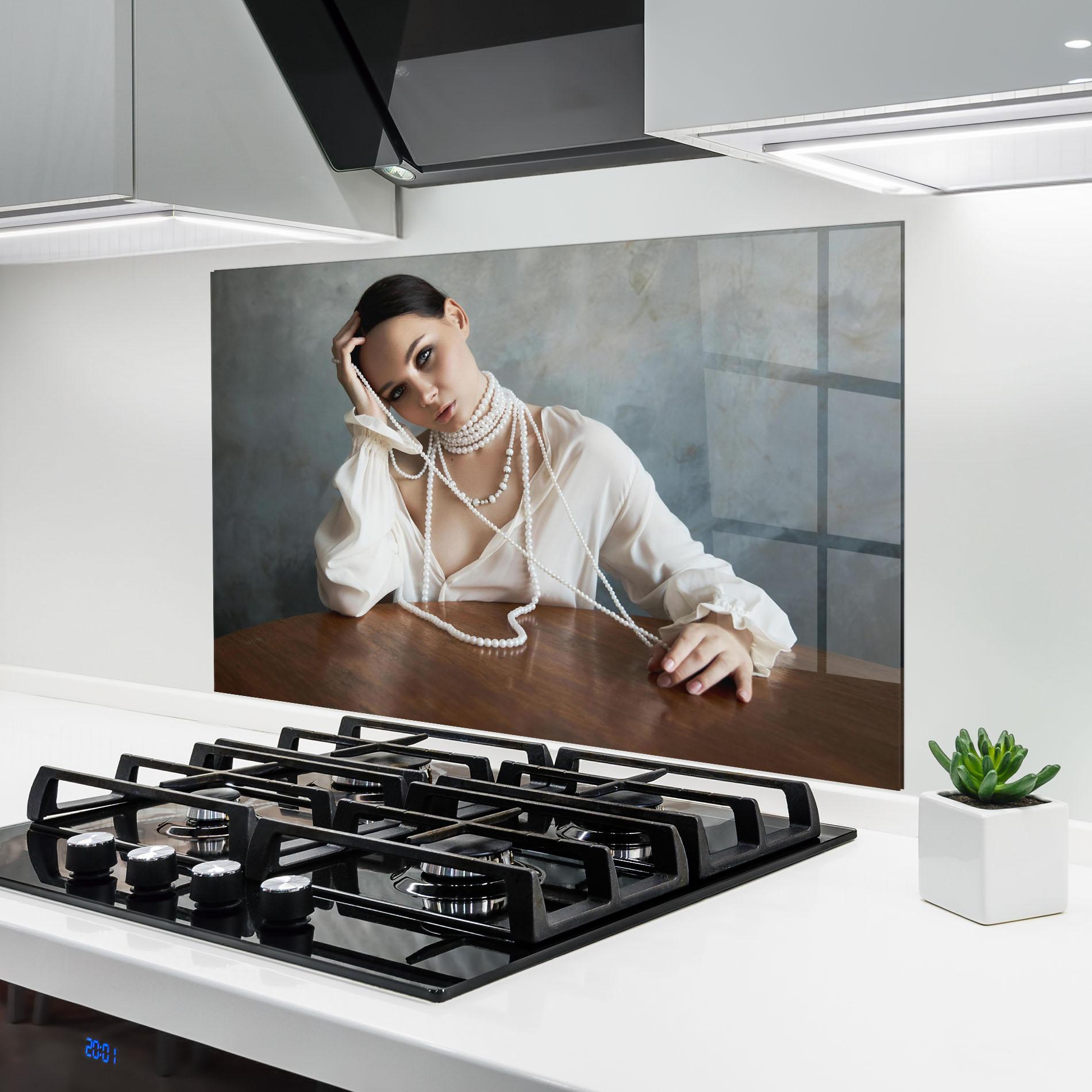 Küchenrückwand Glas White Pearl Beads mockup 6