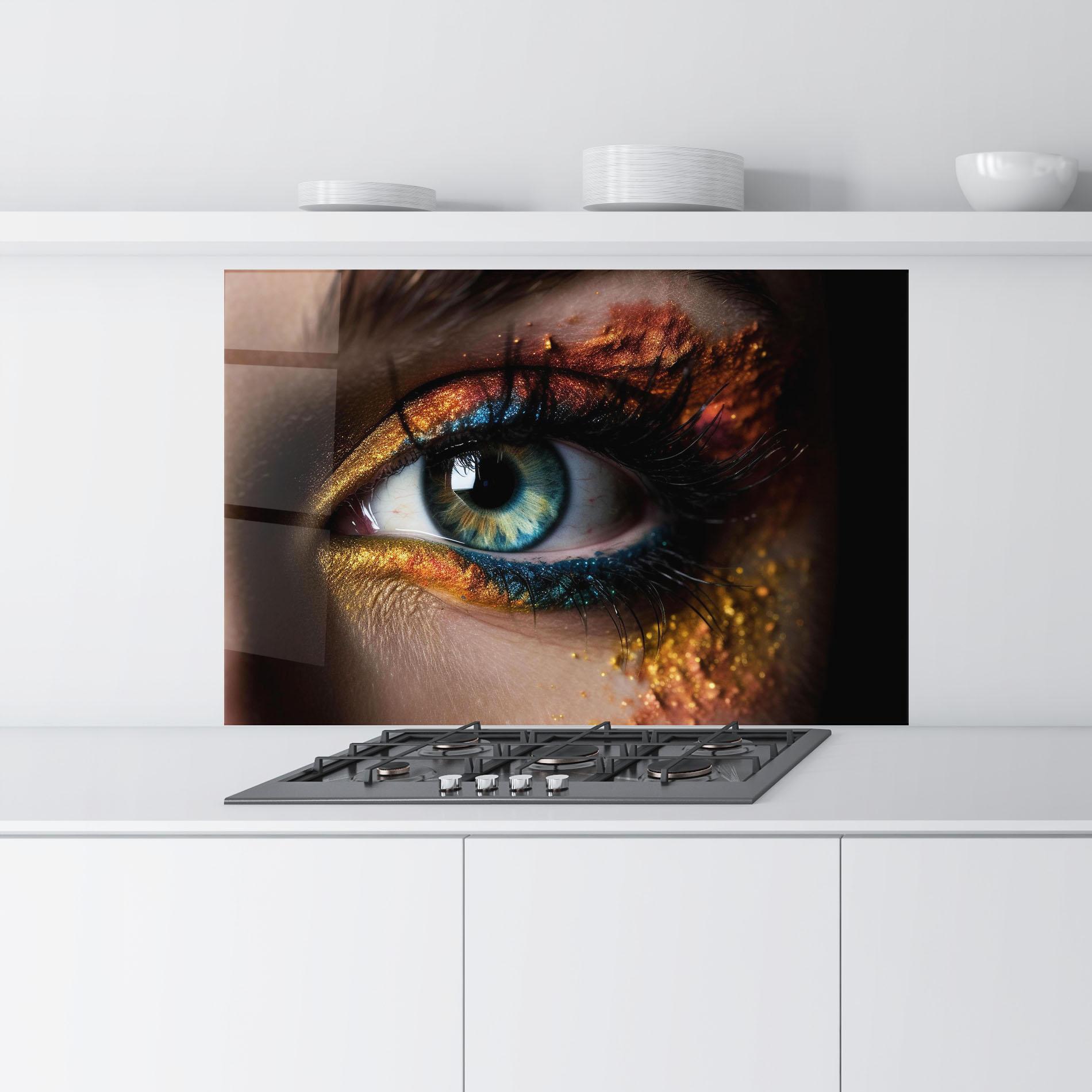 Küchenrückwand Glas Blue Green Eye Makeup mockup 9