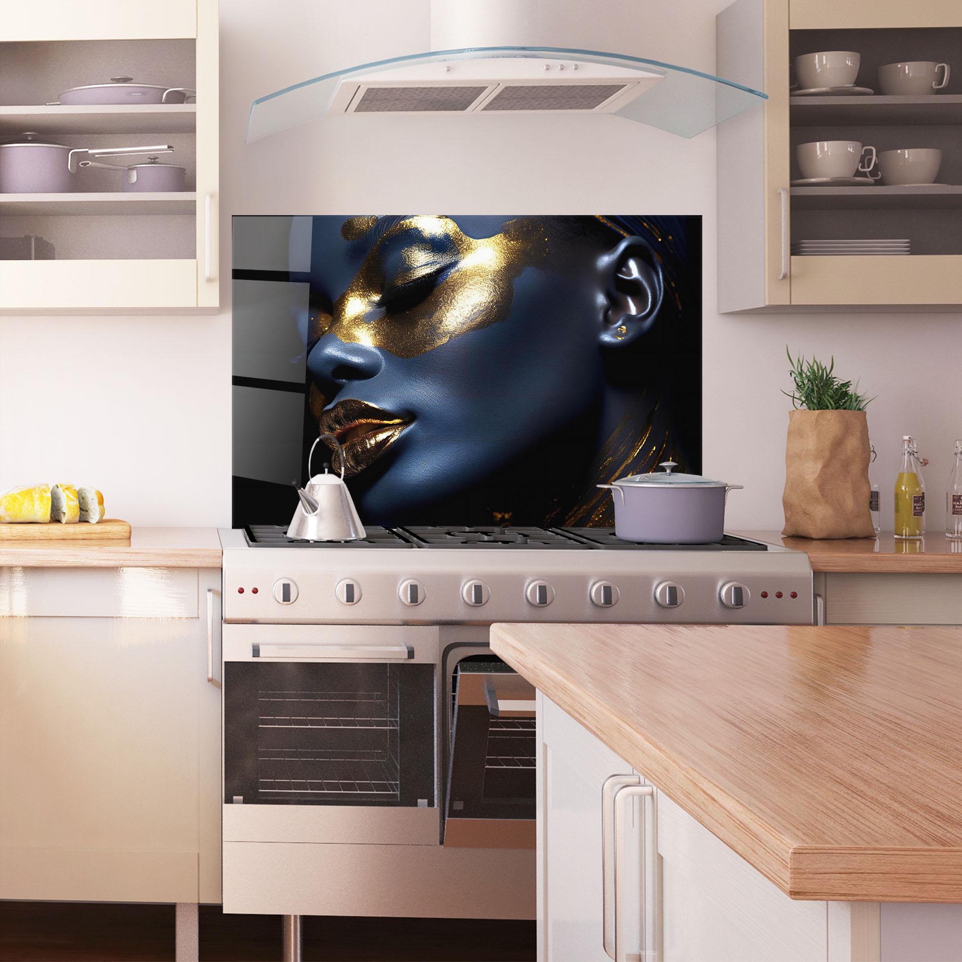 Küchenrückwand Glas Blue Gold Face mockup 1