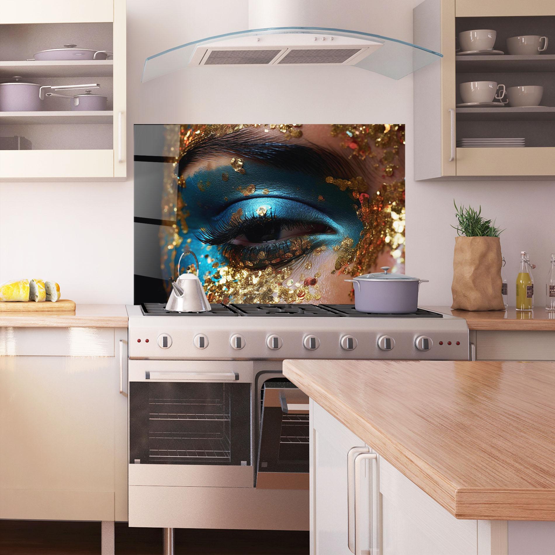 Küchenrückwand Glas Blue Gold Glitter mockup 1