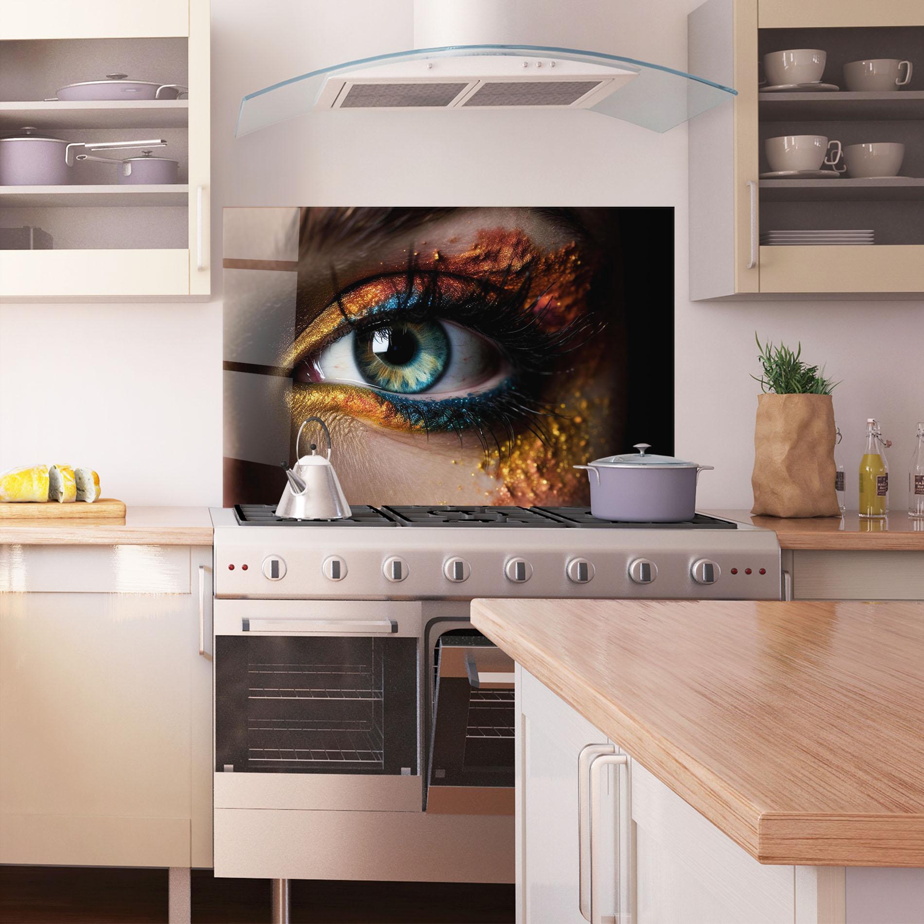 Küchenrückwand Glas Blue Green Eye Makeup mockup 1