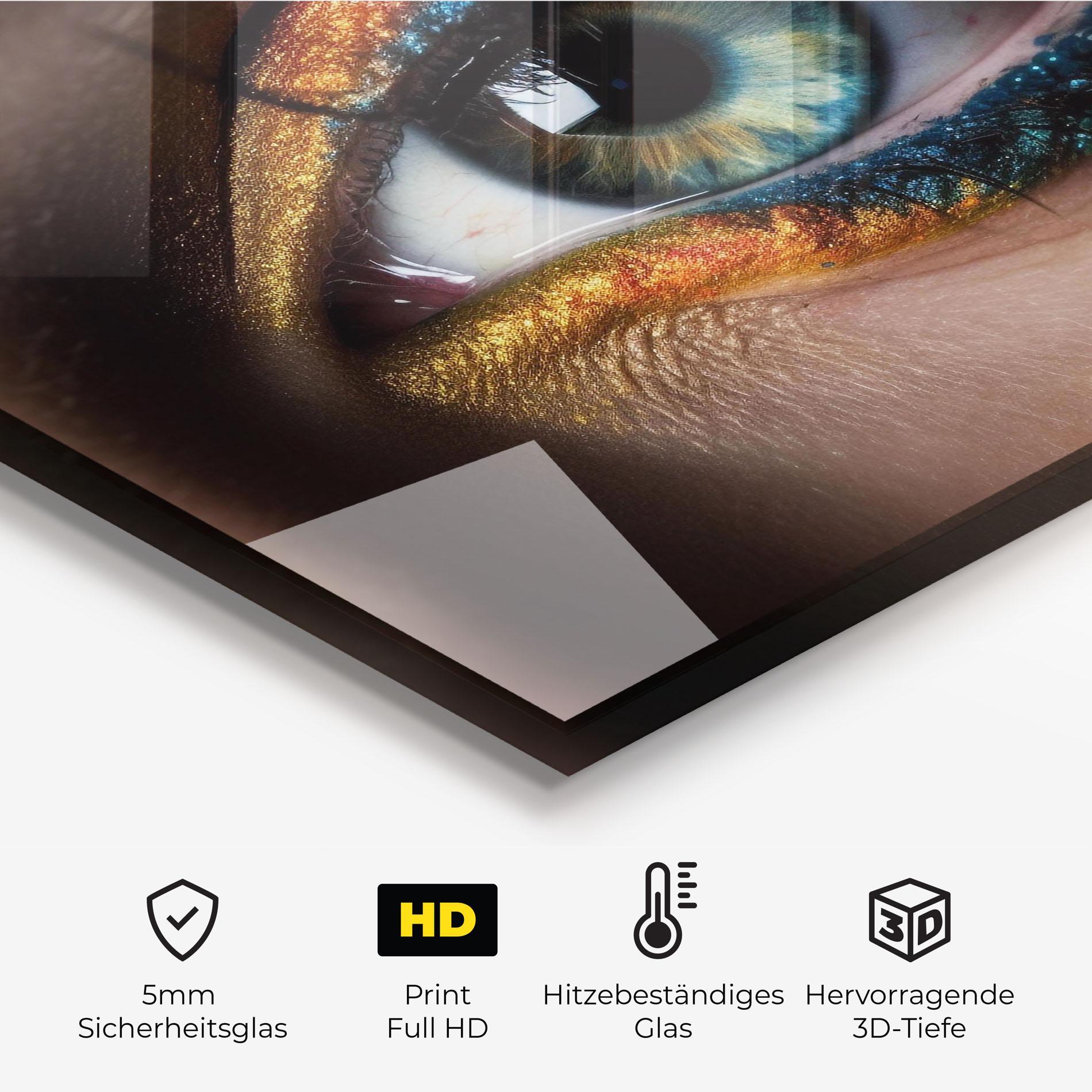 Küchenrückwand Glas Blue Green Eye Makeup mockup 2