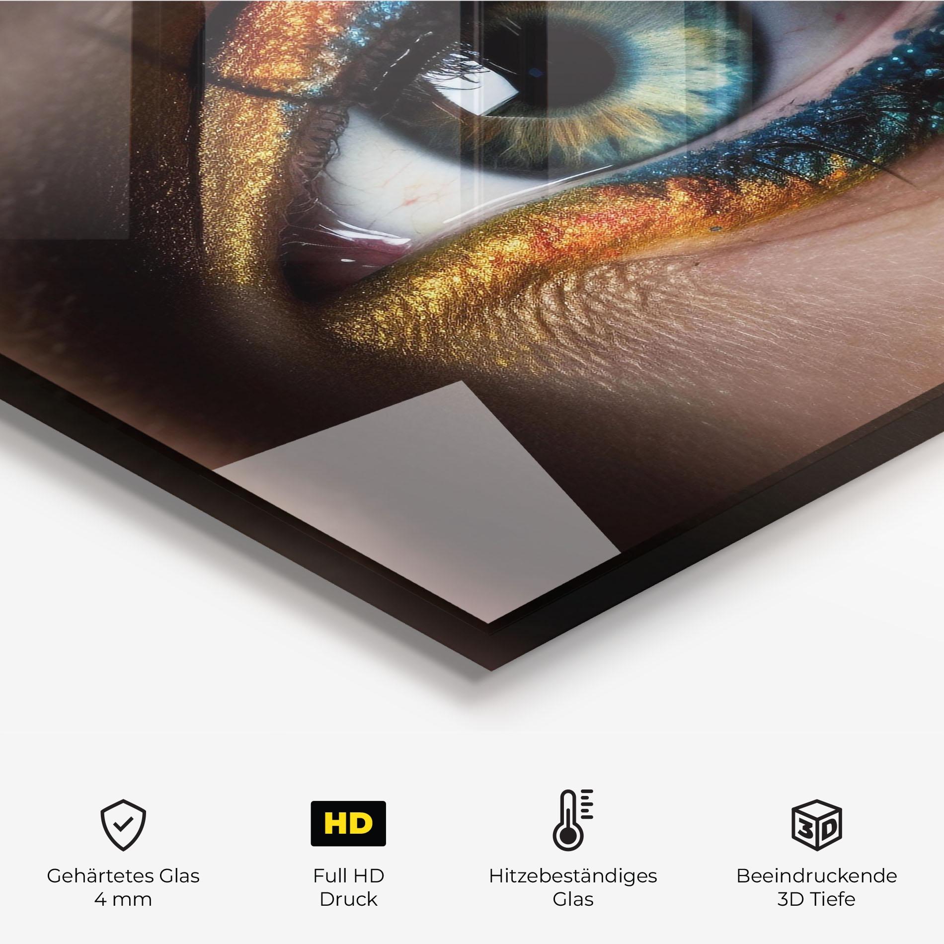 Küchenrückwand Glas Blue Green Eye Makeup mockup 2