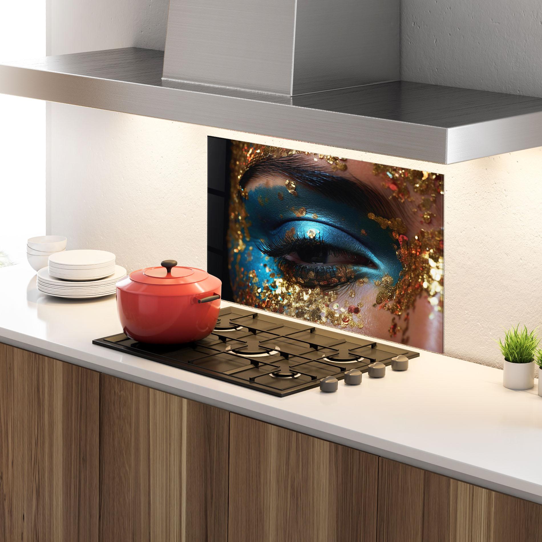 Küchenrückwand Glas Blue Gold Glitter mockup 4