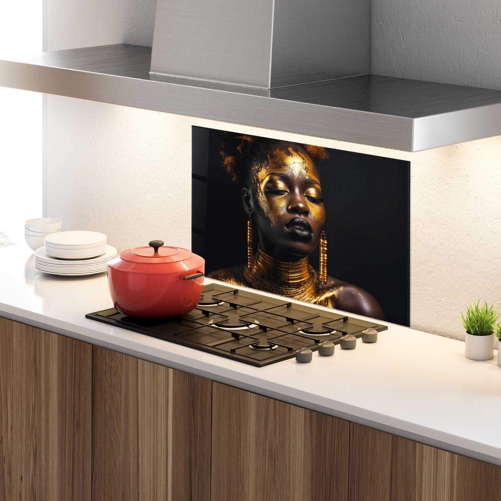 Küchenrückwand Glas Gold Makeup Black Lips mockup 4