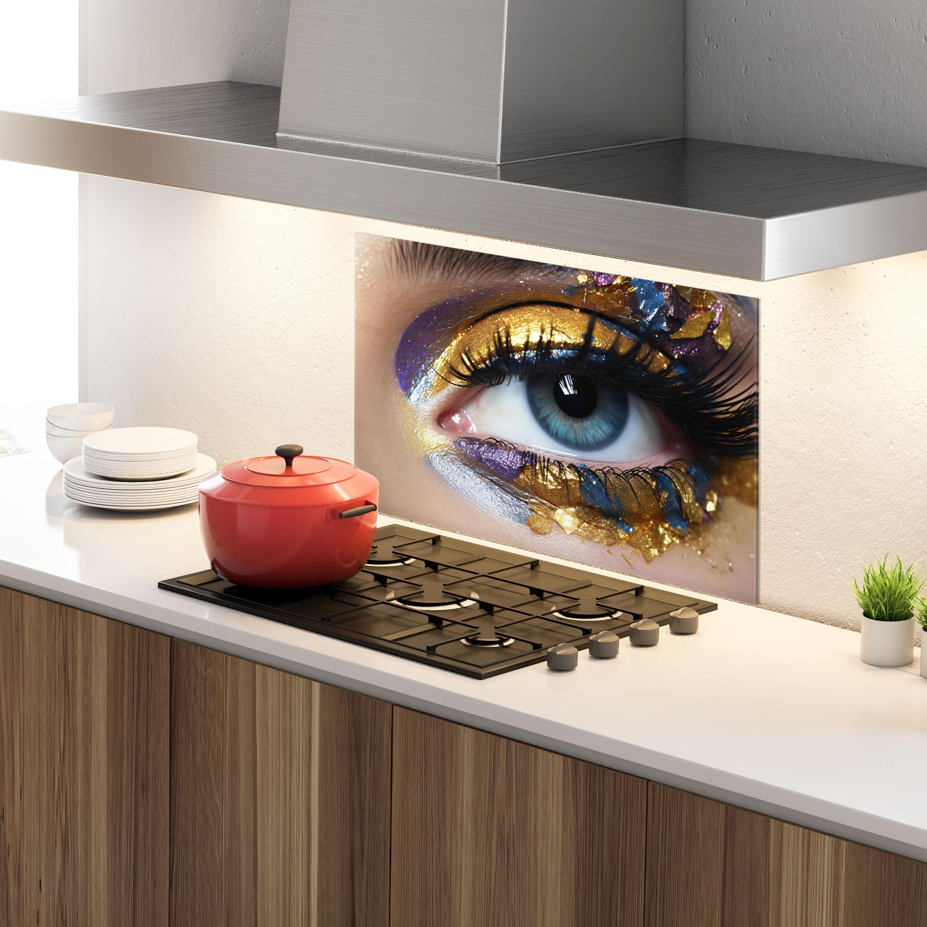 Küchenrückwand Glas Golden Purple Make Up mockup 4
