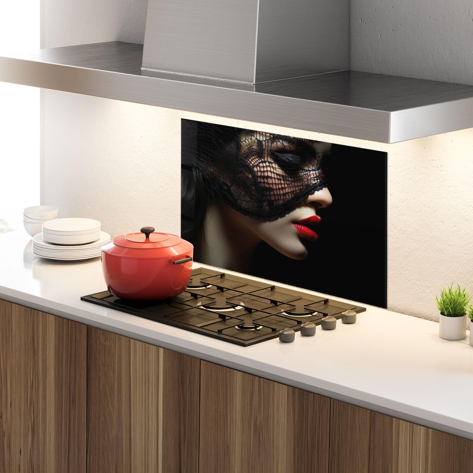 Küchenrückwand Glas Mysterious Girl mockup 4