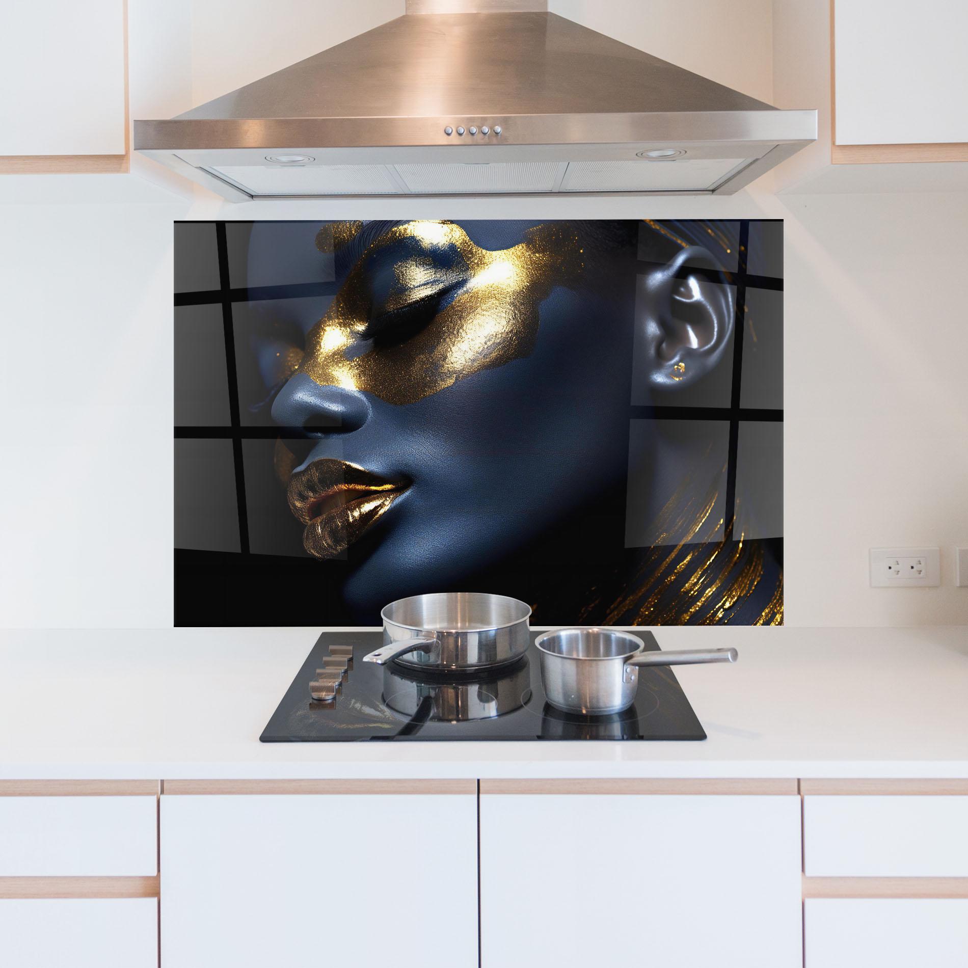 Küchenrückwand Glas Blue Gold Face mockup 5