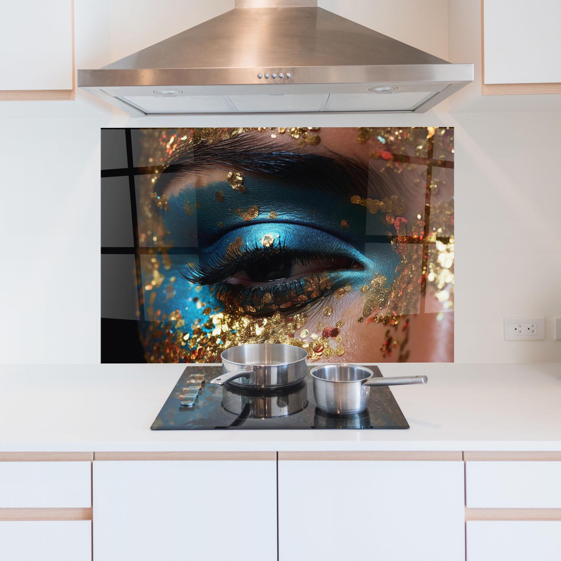Küchenrückwand Glas Blue Gold Glitter mockup 5