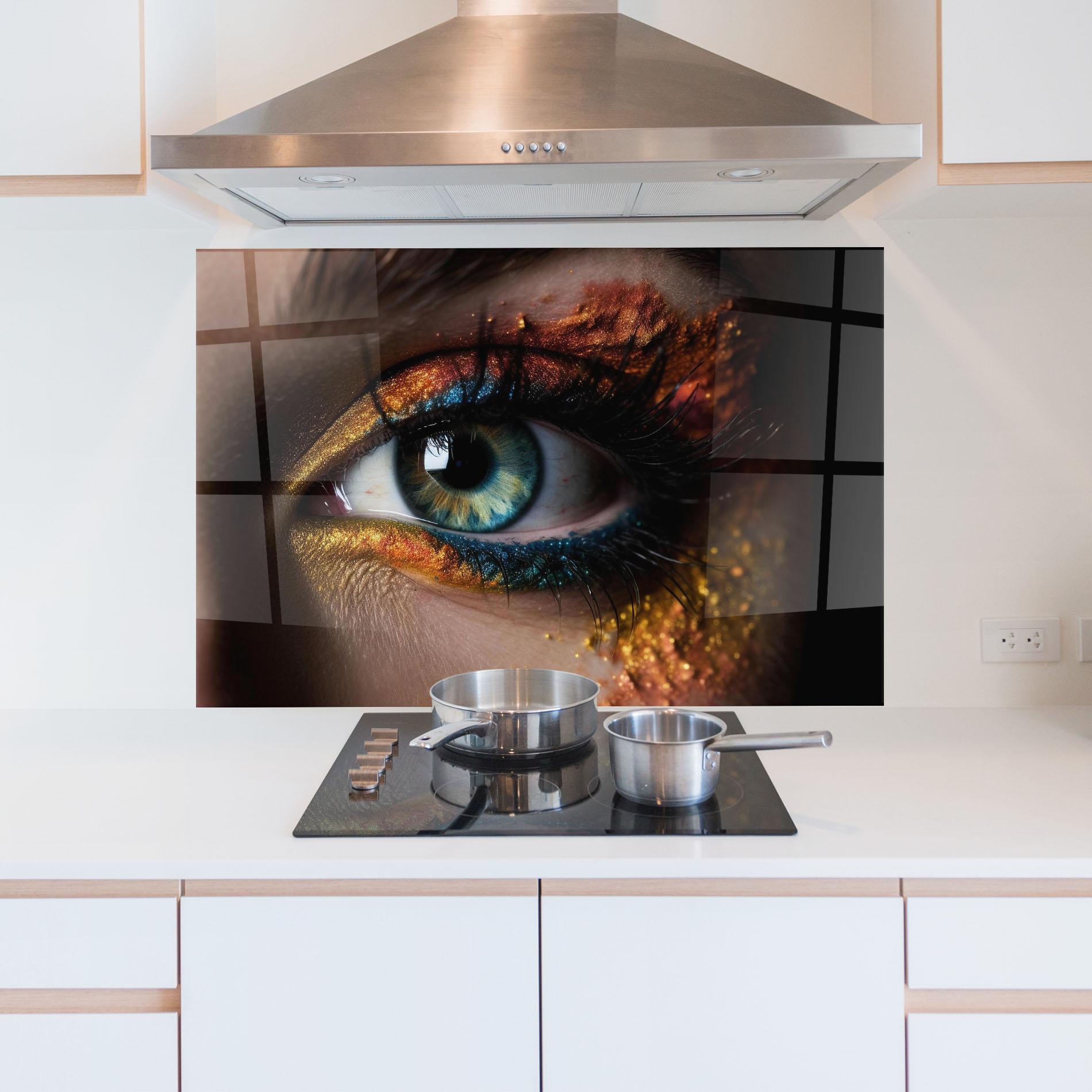 Küchenrückwand Glas Blue Green Eye Makeup mockup 5