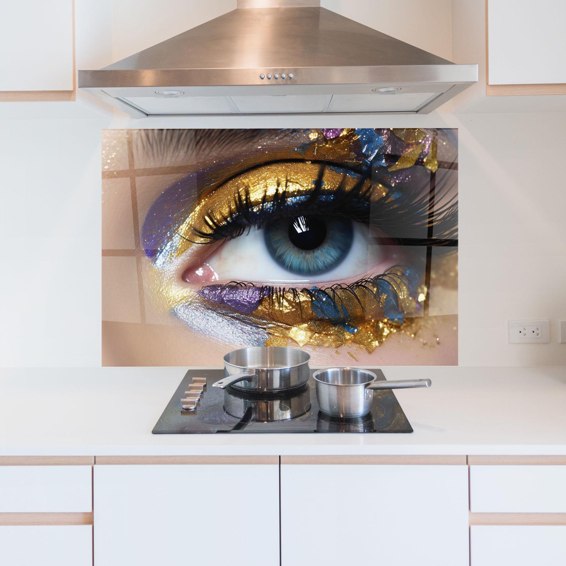 Küchenrückwand Glas Golden Purple Make Up mockup 5
