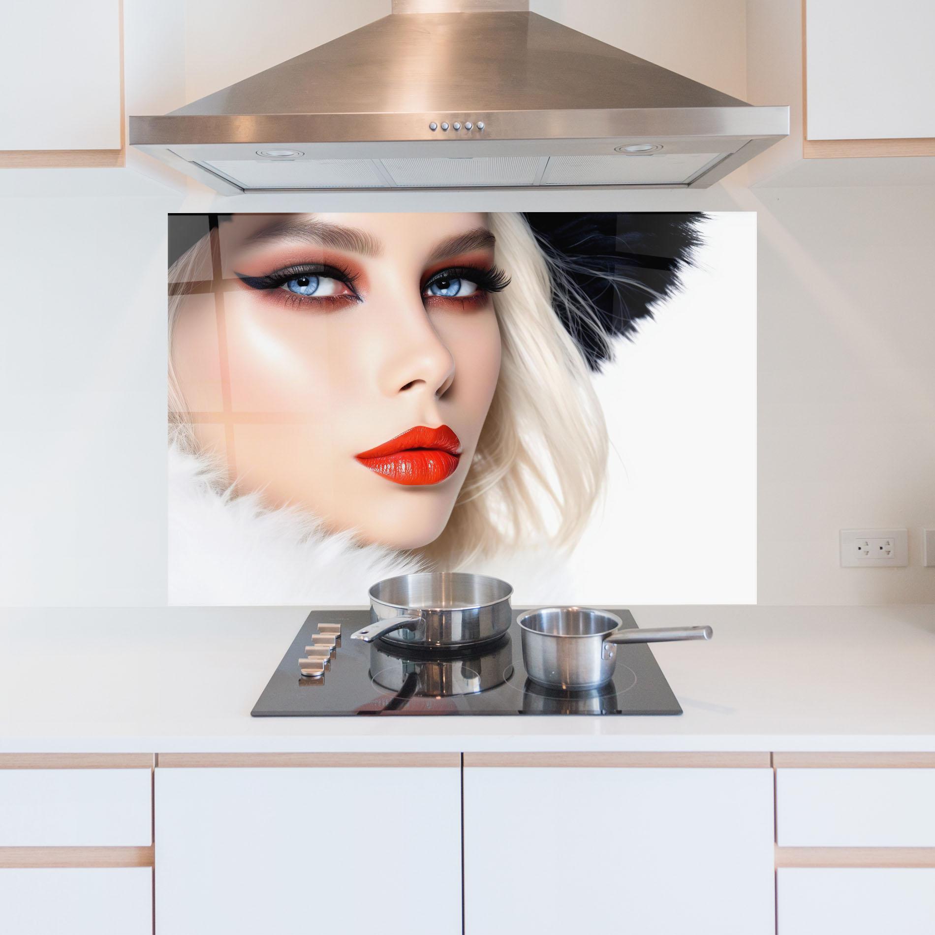 Küchenrückwand Glas White Hair Makeup mockup 5