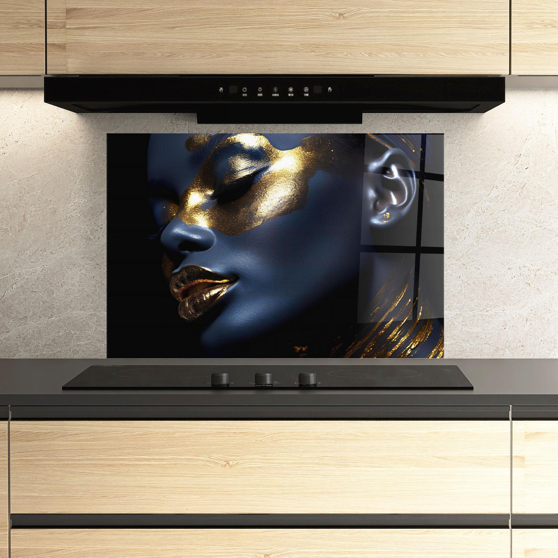 Küchenrückwand Glas Blue Gold Face mockup 3