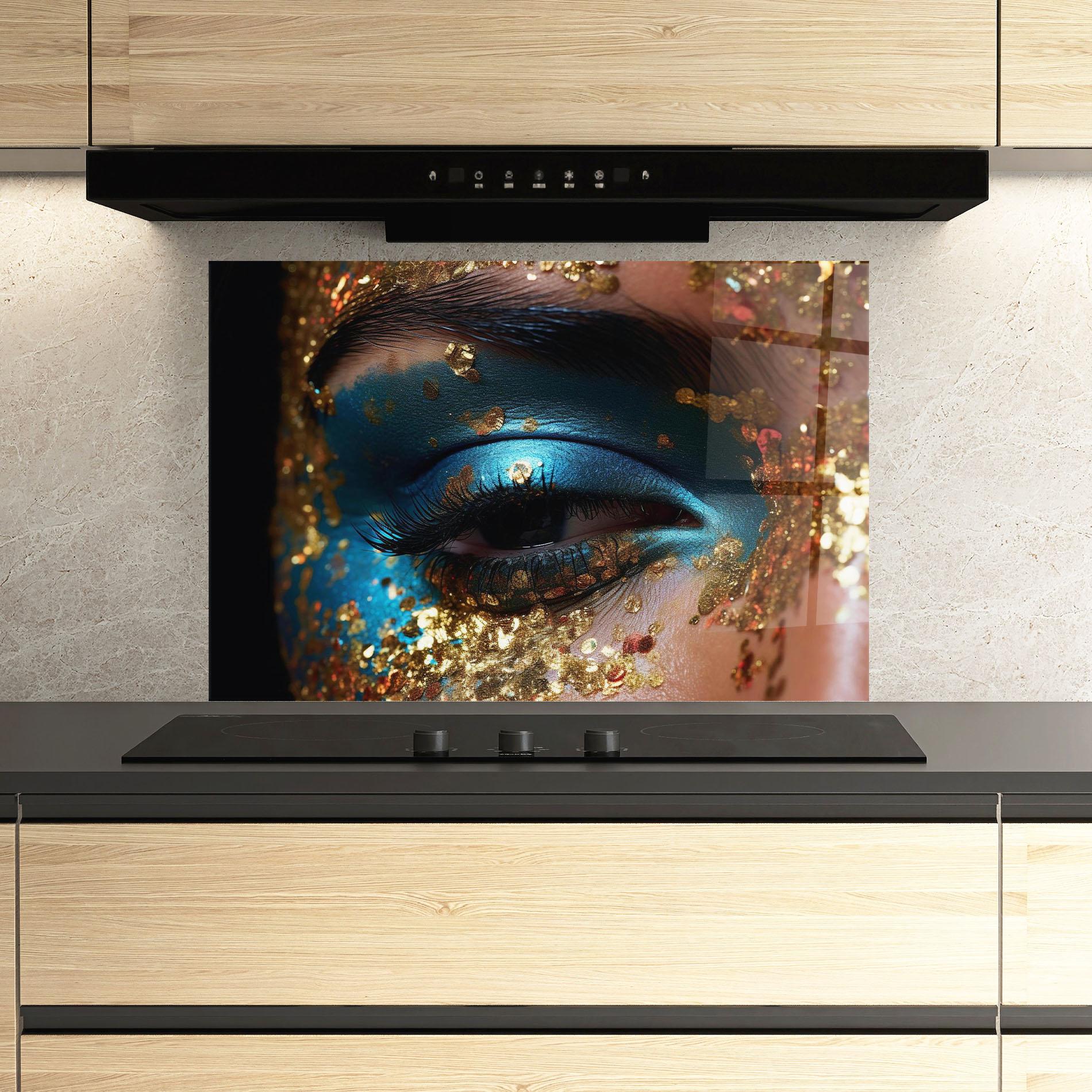 Küchenrückwand Glas Blue Gold Glitter mockup 3