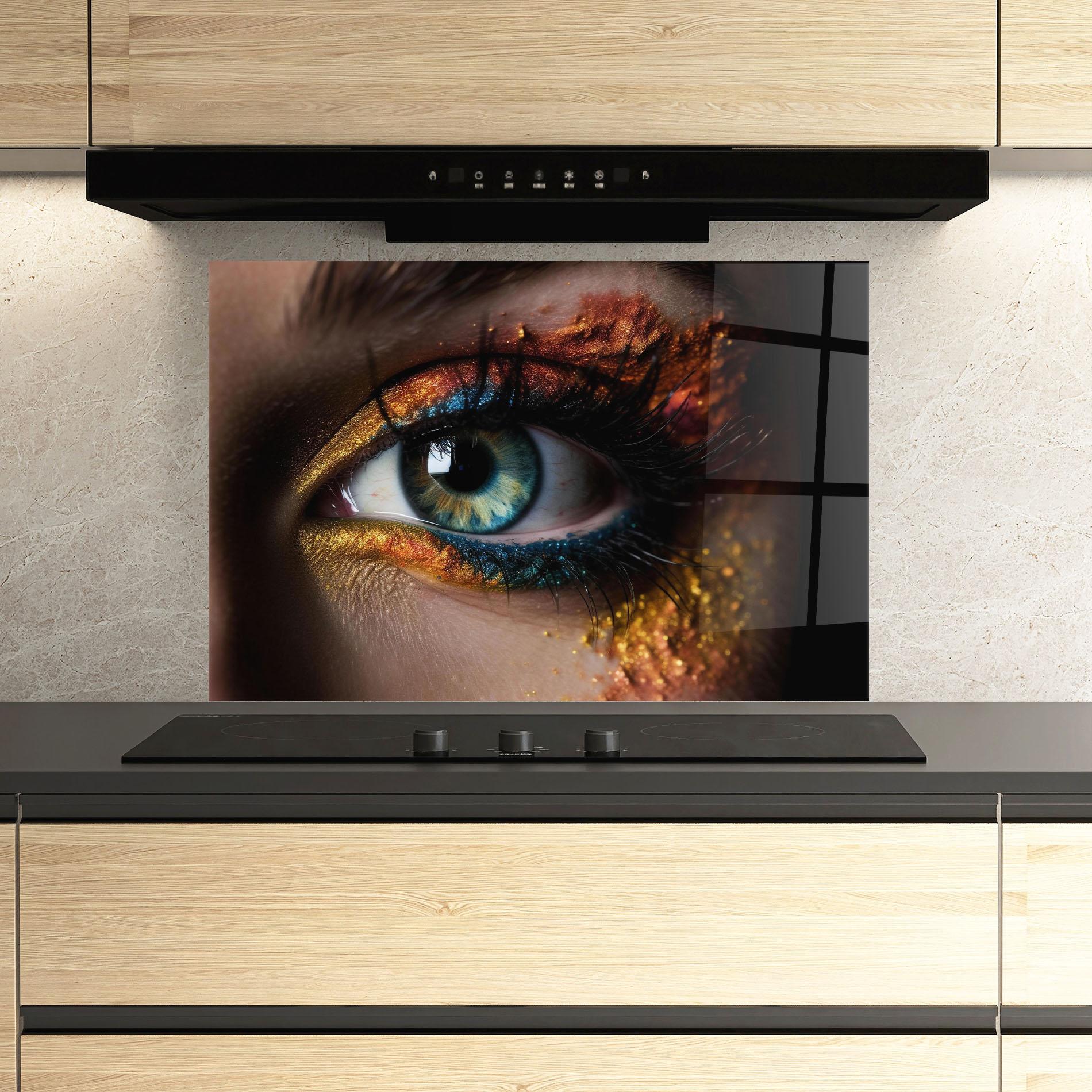 Küchenrückwand Glas Blue Green Eye Makeup mockup 3