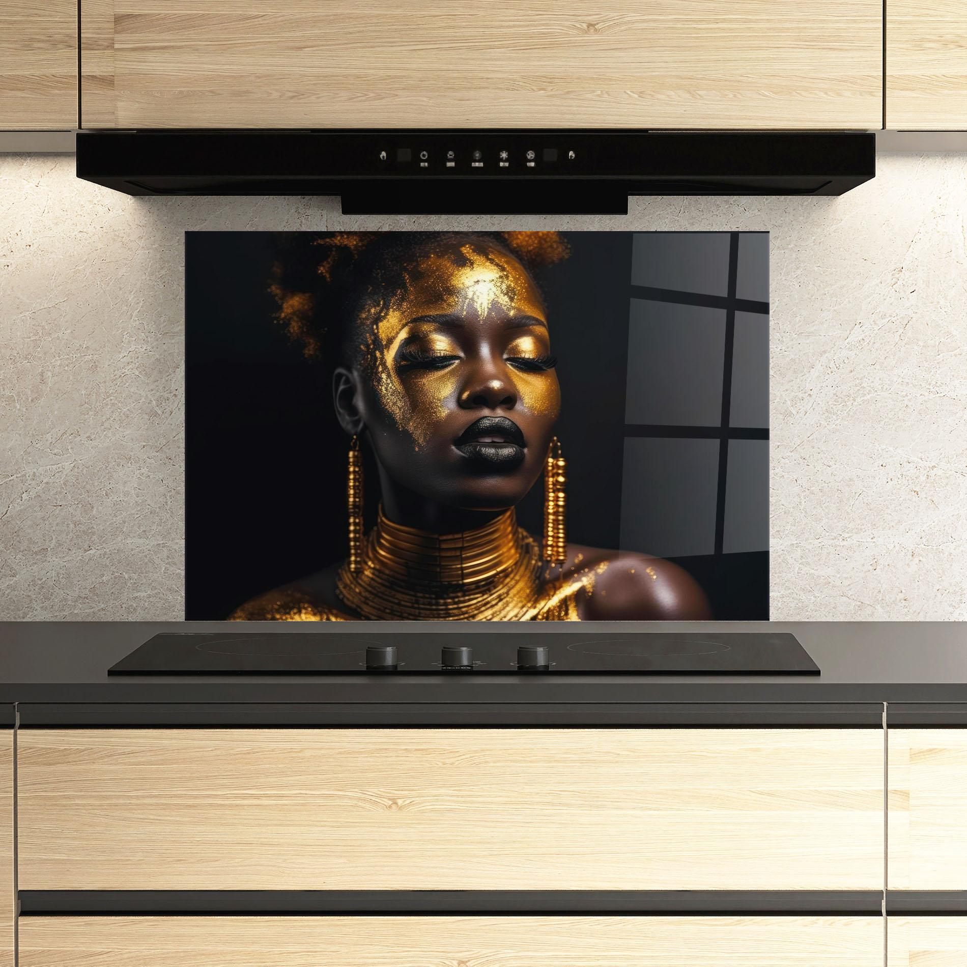 Küchenrückwand Glas Gold Makeup Black Lips mockup 3