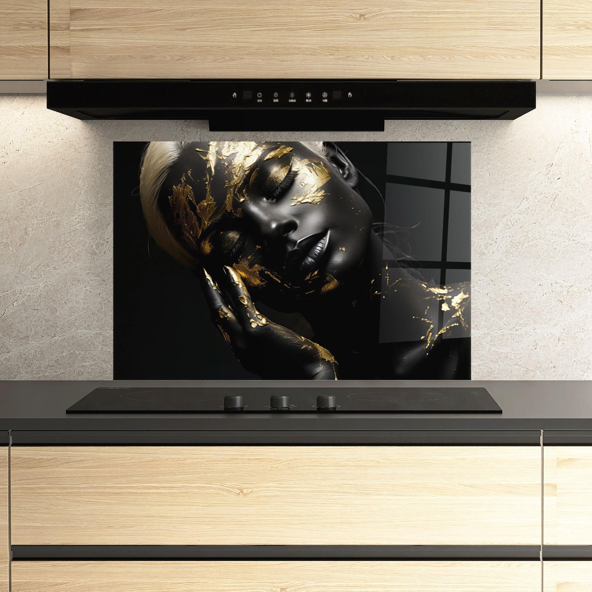 Küchenrückwand Glas Gold Makeup On Black mockup 3
