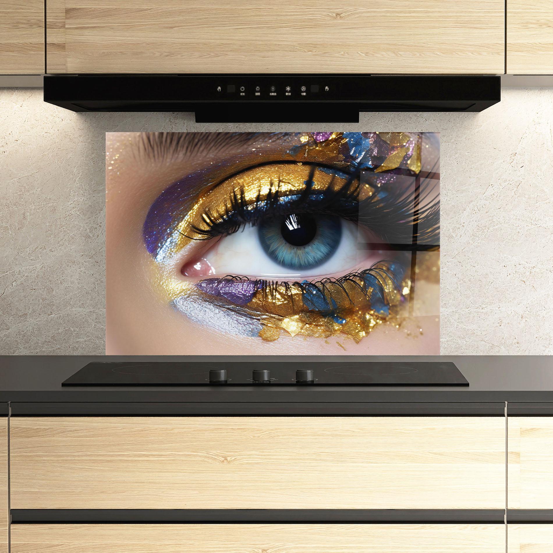 Küchenrückwand Glas Golden Purple Make Up mockup 3
