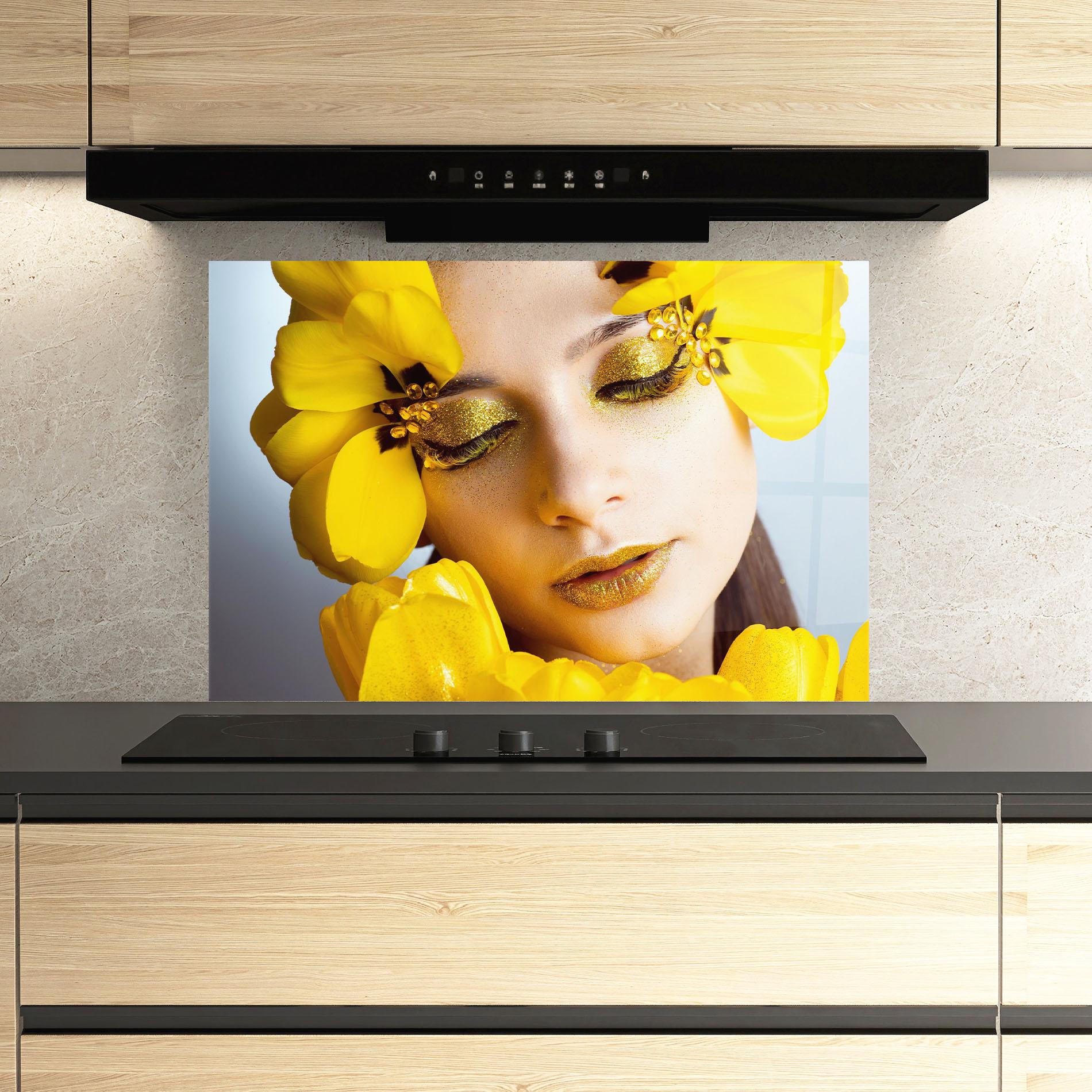 Küchenrückwand Glas Yellow Flowers Makeup mockup 3
