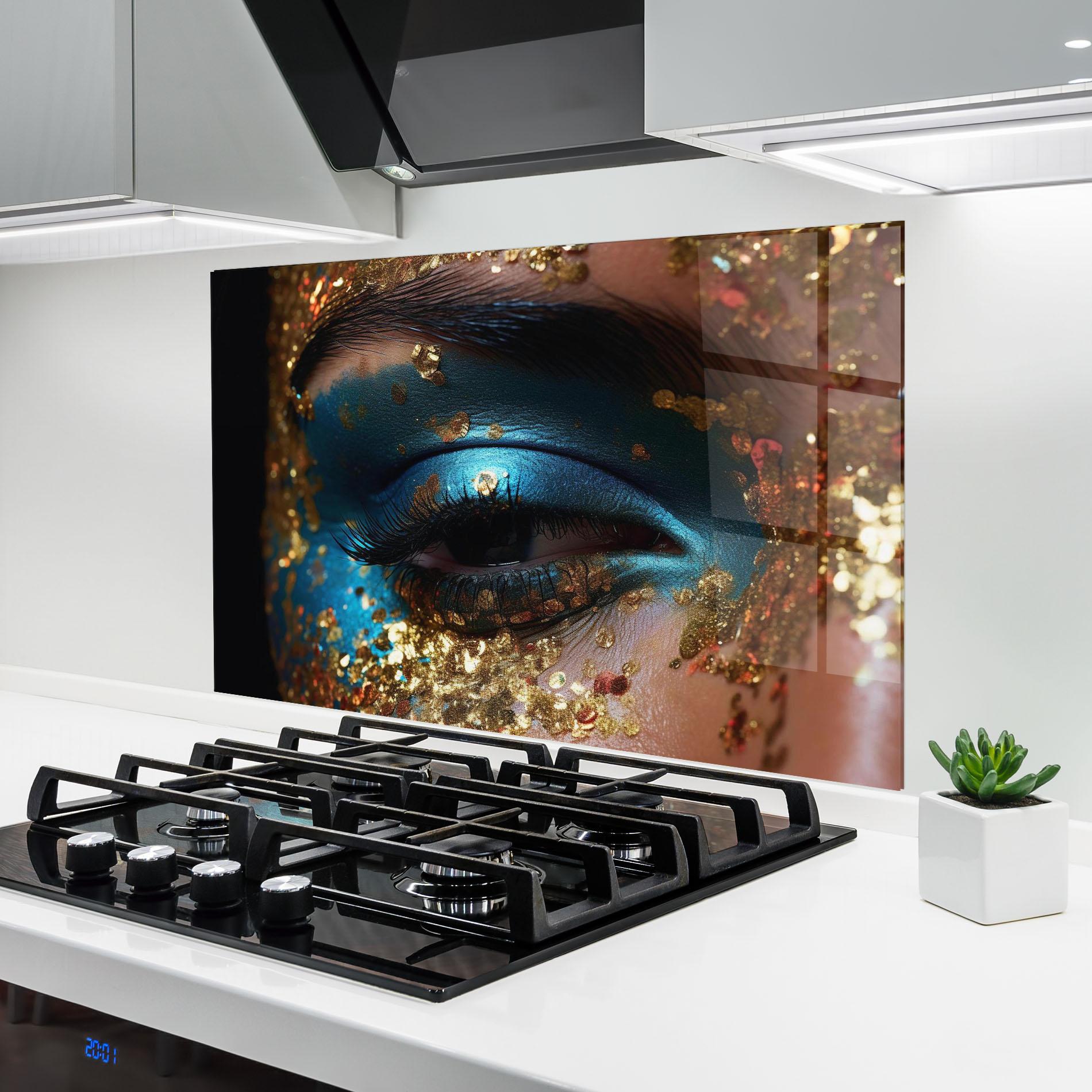 Küchenrückwand Glas Blue Gold Glitter mockup 6
