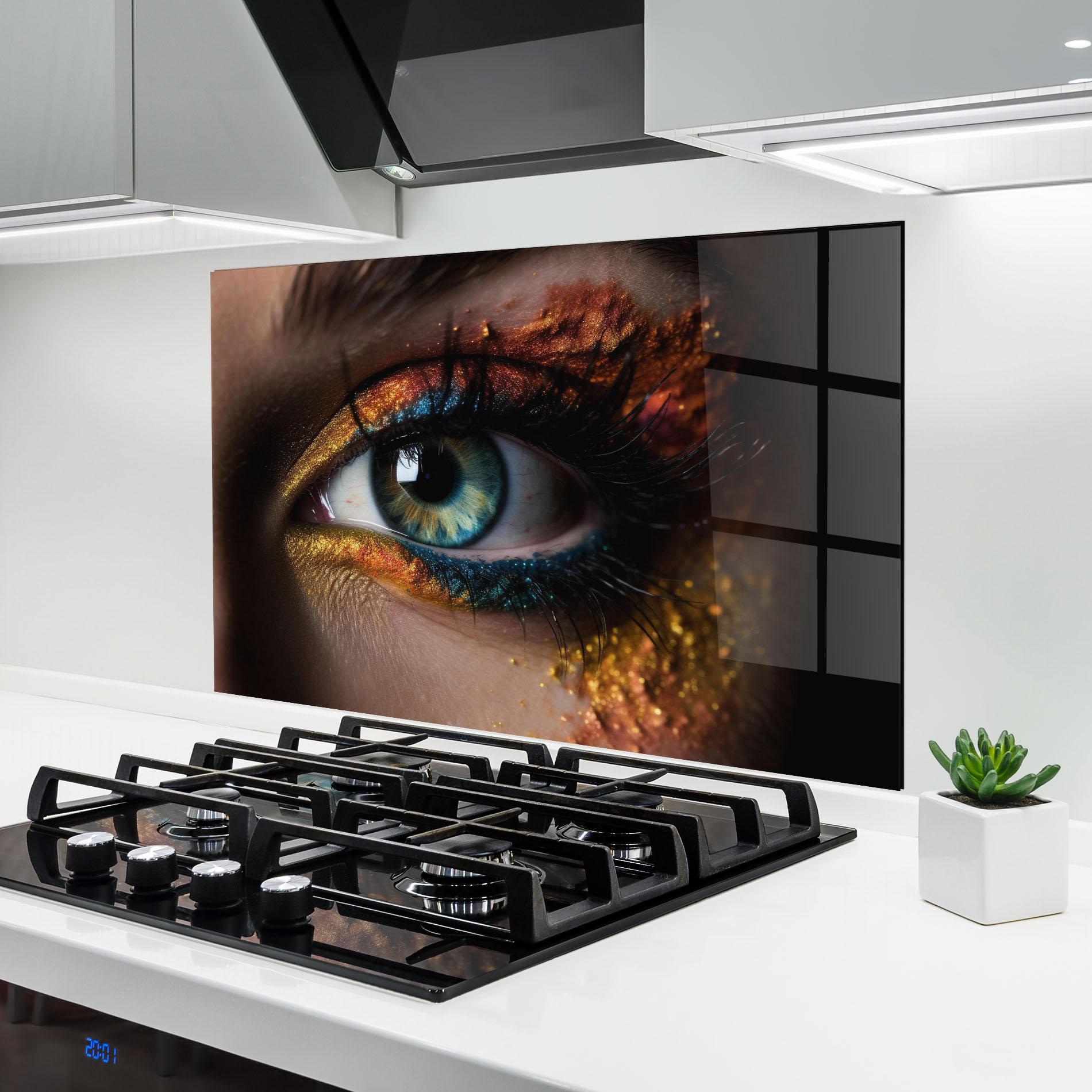 Küchenrückwand Glas Blue Green Eye Makeup mockup 6