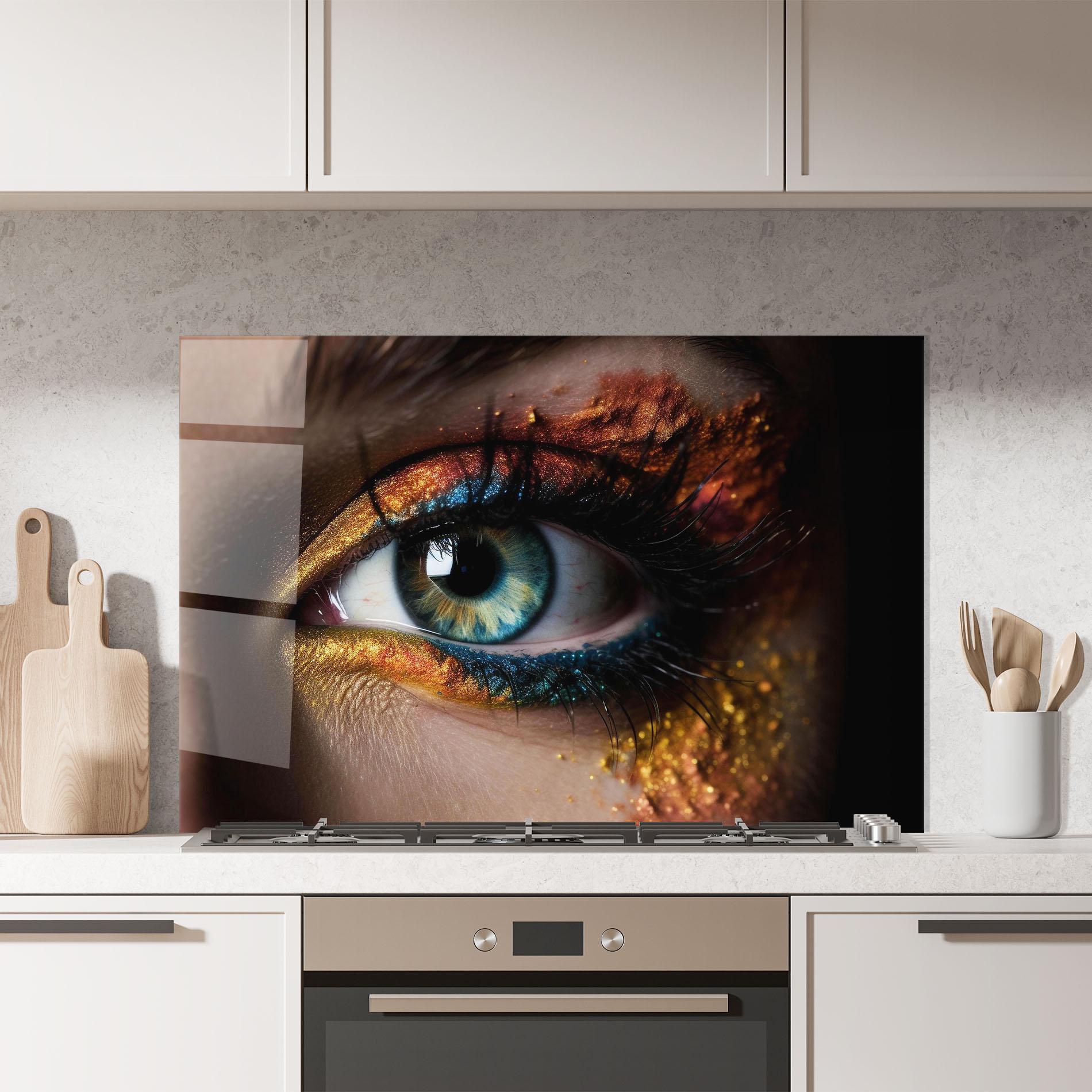 Küchenrückwand Glas Blue Green Eye Makeup mockup 7