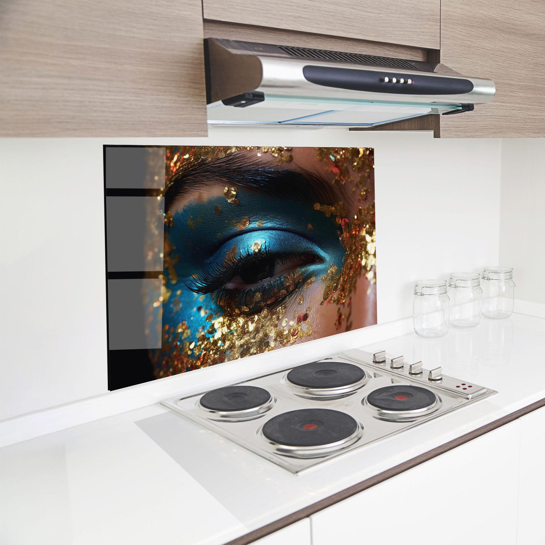 Küchenrückwand Glas Blue Gold Glitter mockup 8