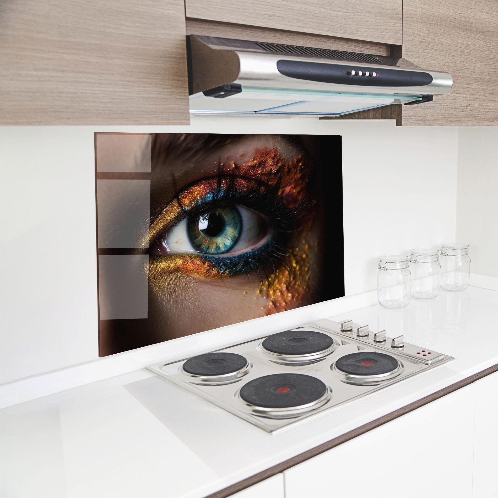 Küchenrückwand Glas Blue Green Eye Makeup mockup 8