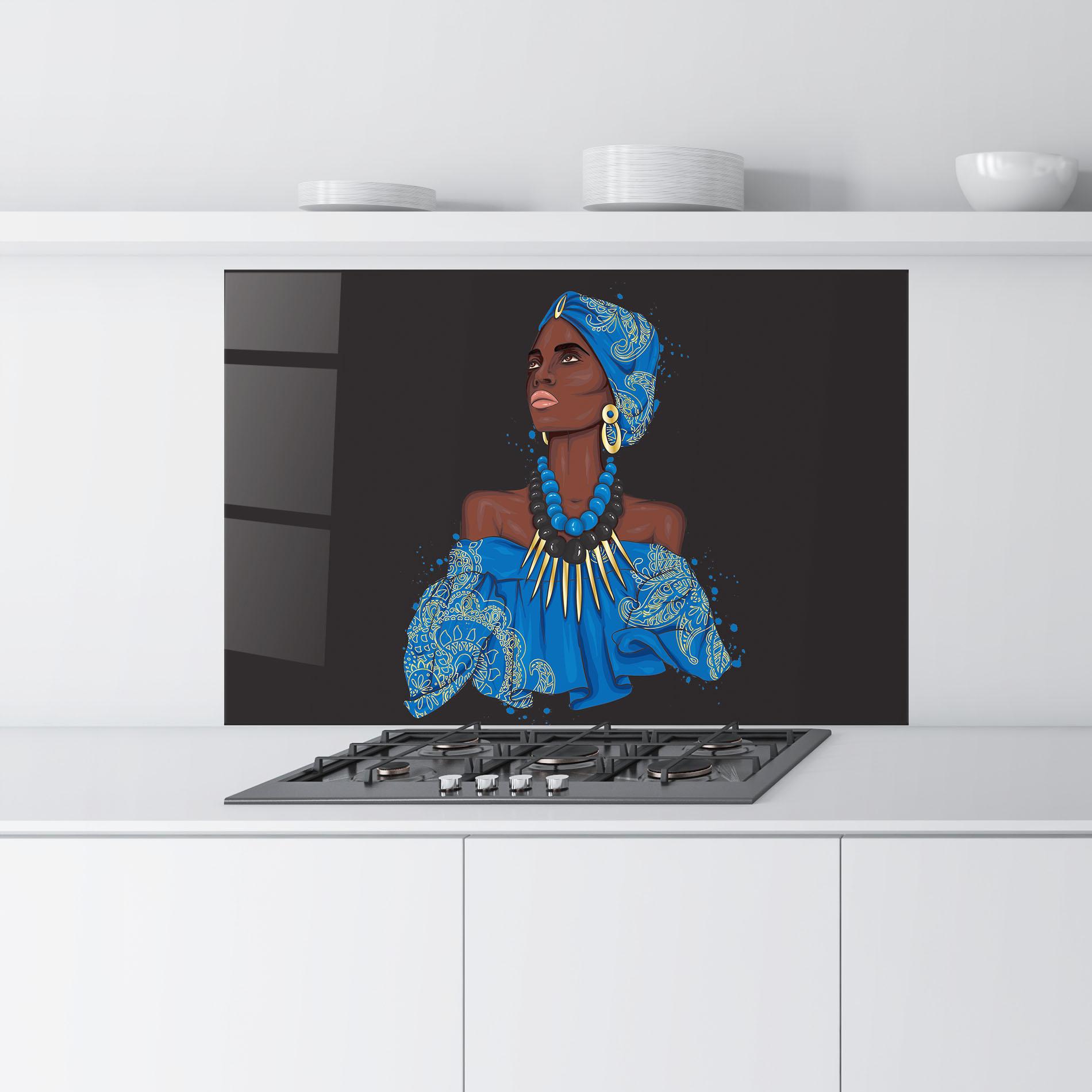 Küchenrückwand Glas Blue African Outfit mockup 9