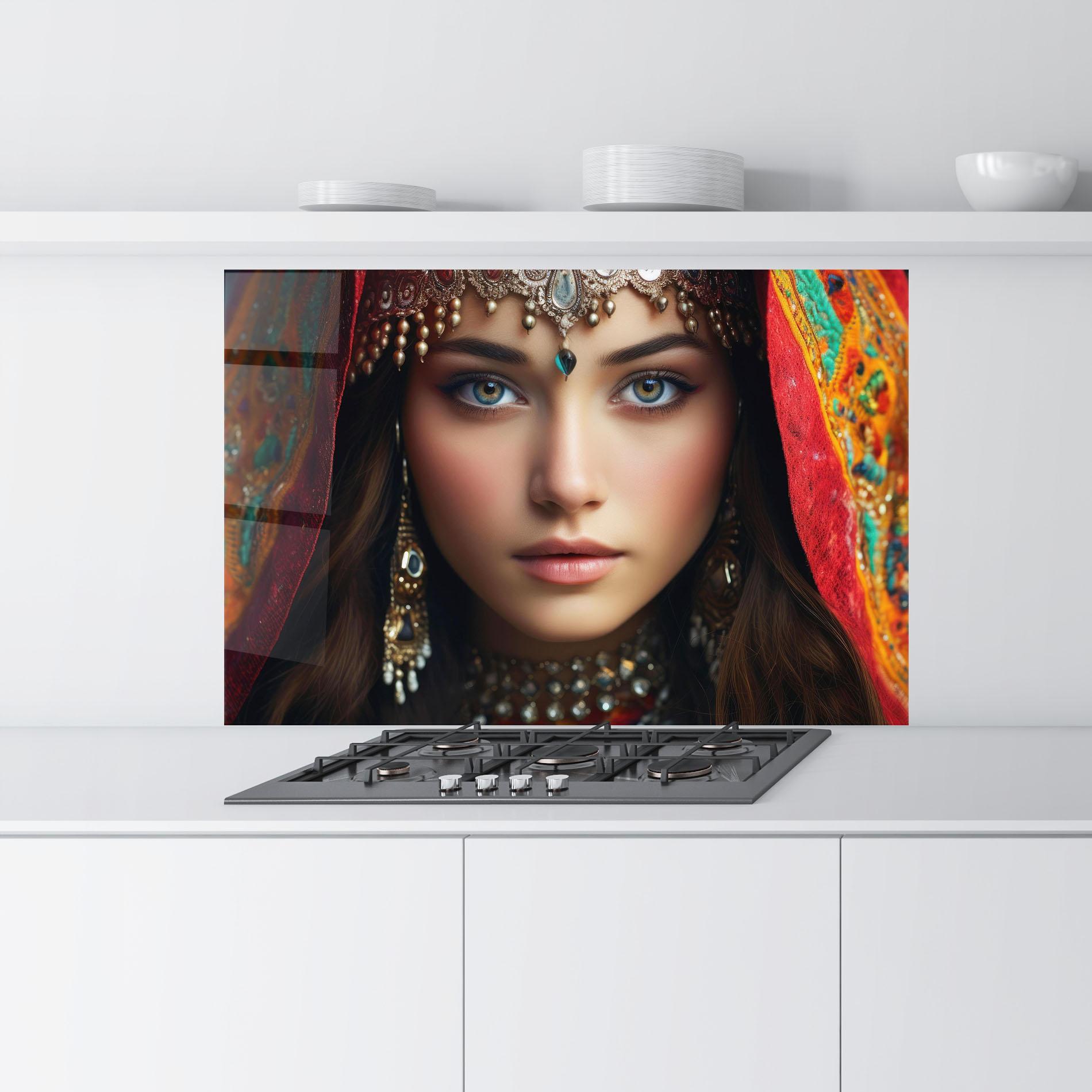 Küchenrückwand Glas Blue Green Culture Eye mockup 9