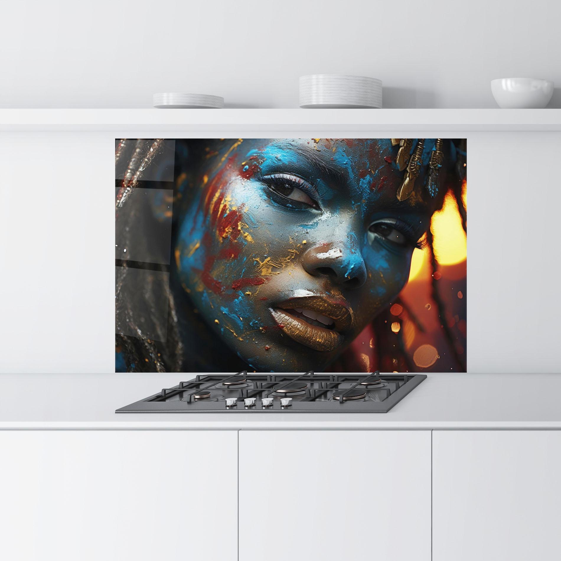 Küchenrückwand Glas Blue Paint Woman mockup 9