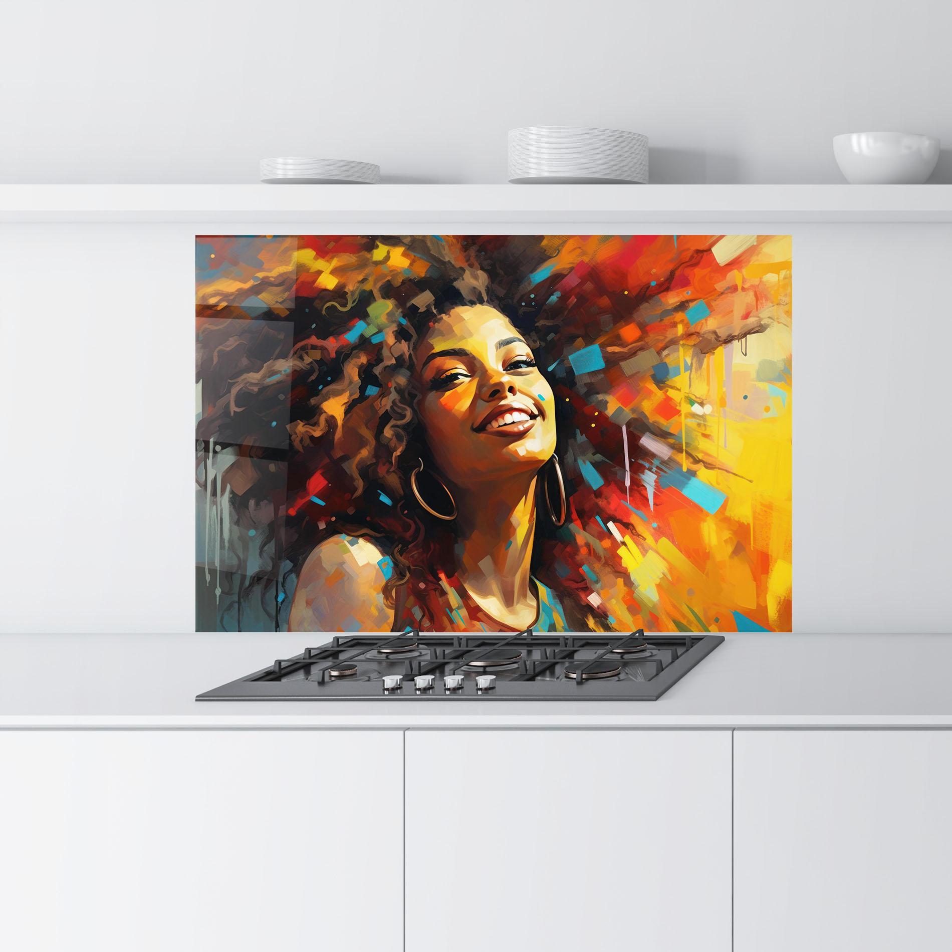 Küchenrückwand Glas Cheerful African Woman mockup 9