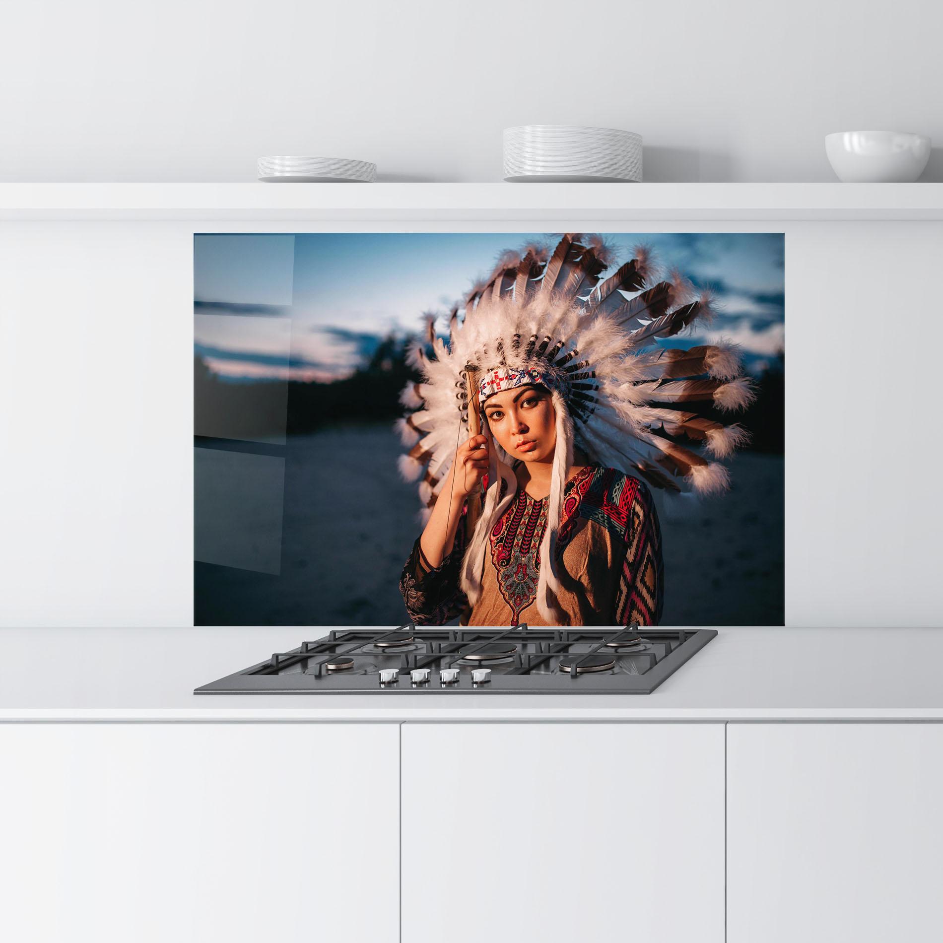 Küchenrückwand Glas Indian Woman Sunset mockup 9