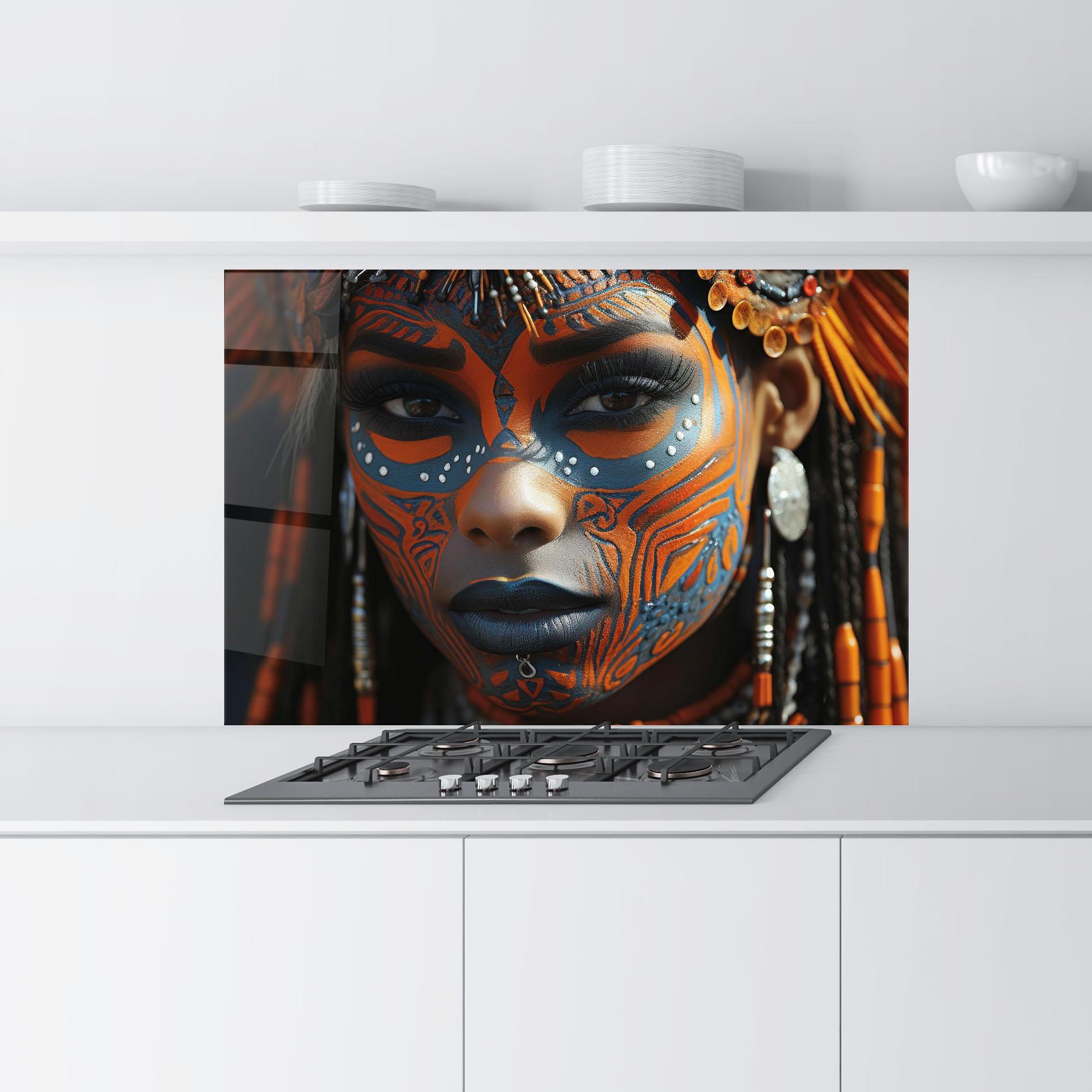 Küchenrückwand Glas Orange Tribal Paint mockup 9
