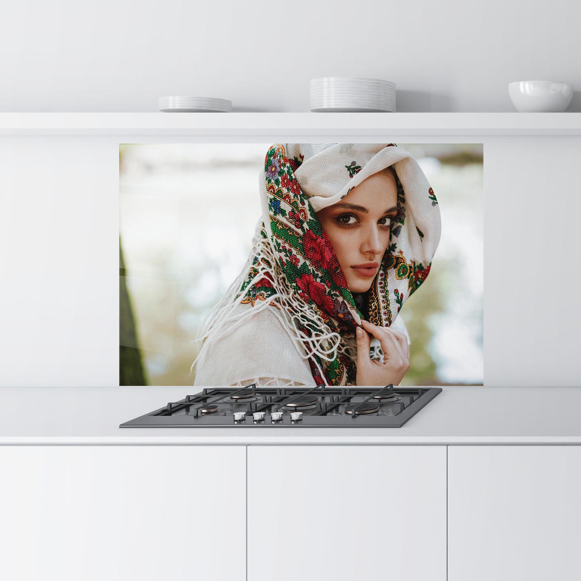 Küchenrückwand Glas Ukrainian Embroidered Dress mockup 9