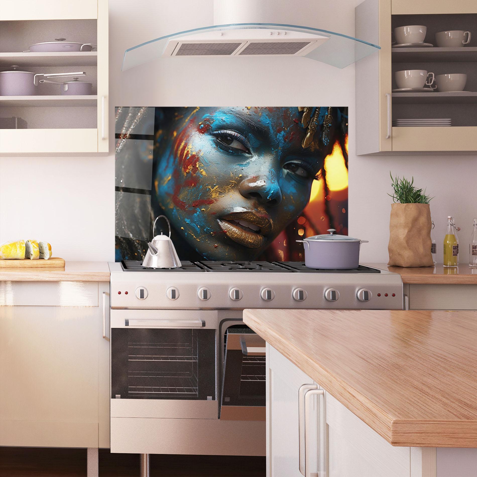 Küchenrückwand Glas Blue Paint Woman mockup 1