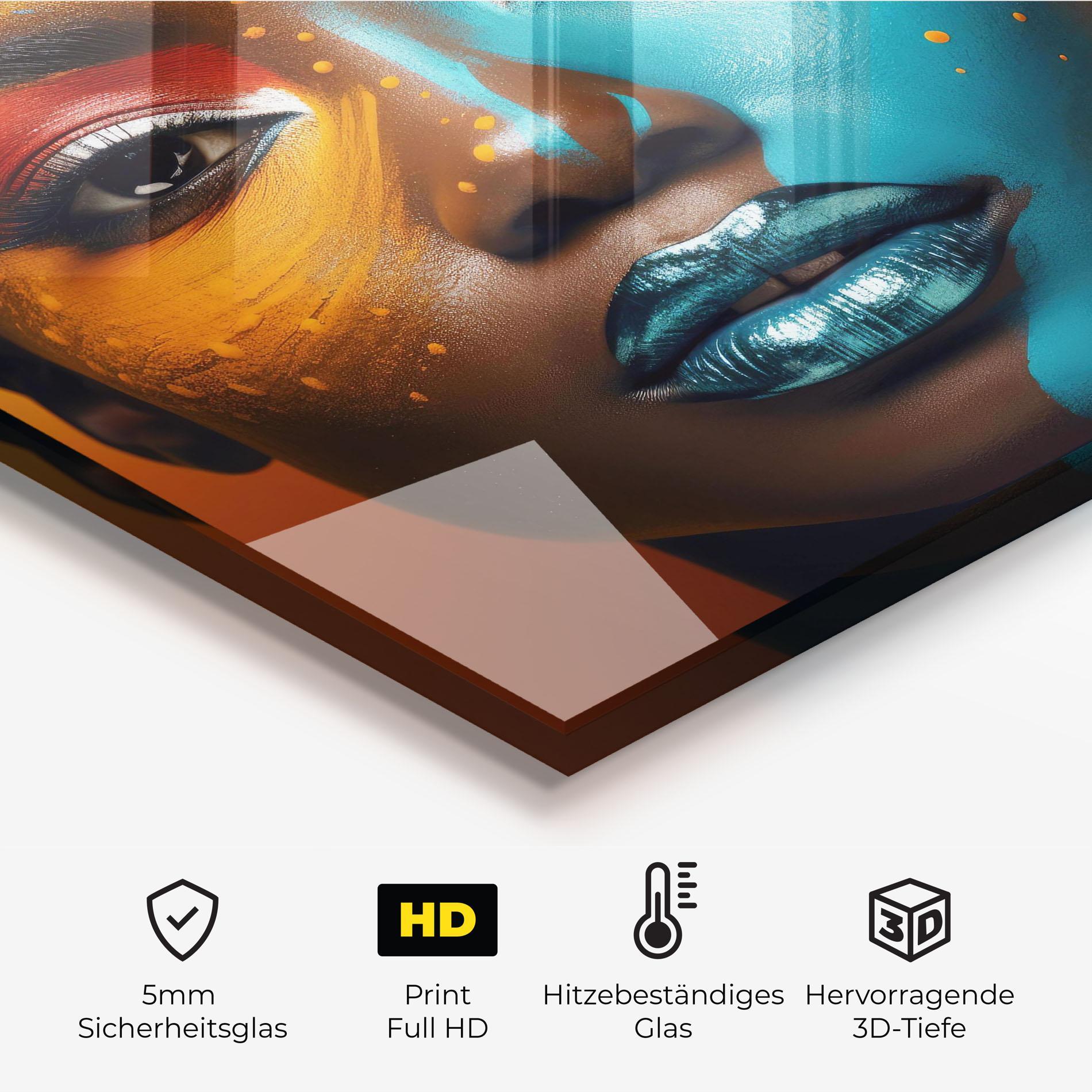 Küchenrückwand Glas Blue Brown Skin Woman mockup 2