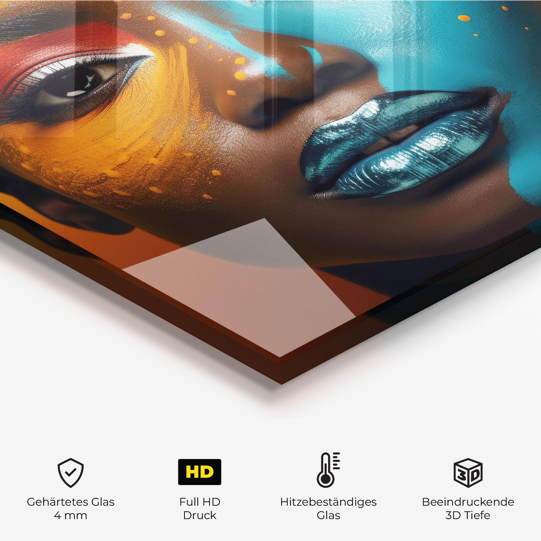 Küchenrückwand Glas Blue Brown Skin Woman mockup 2