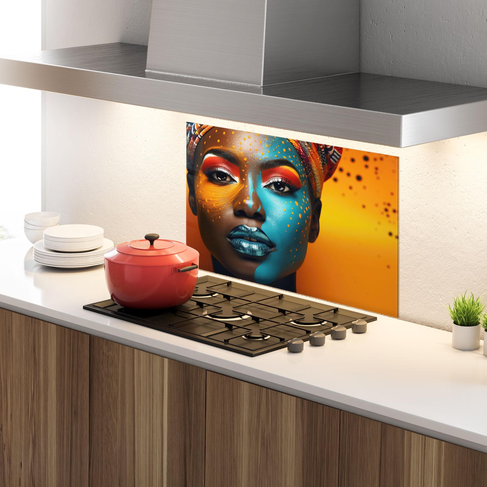 Küchenrückwand Glas Blue Brown Skin Woman mockup 4